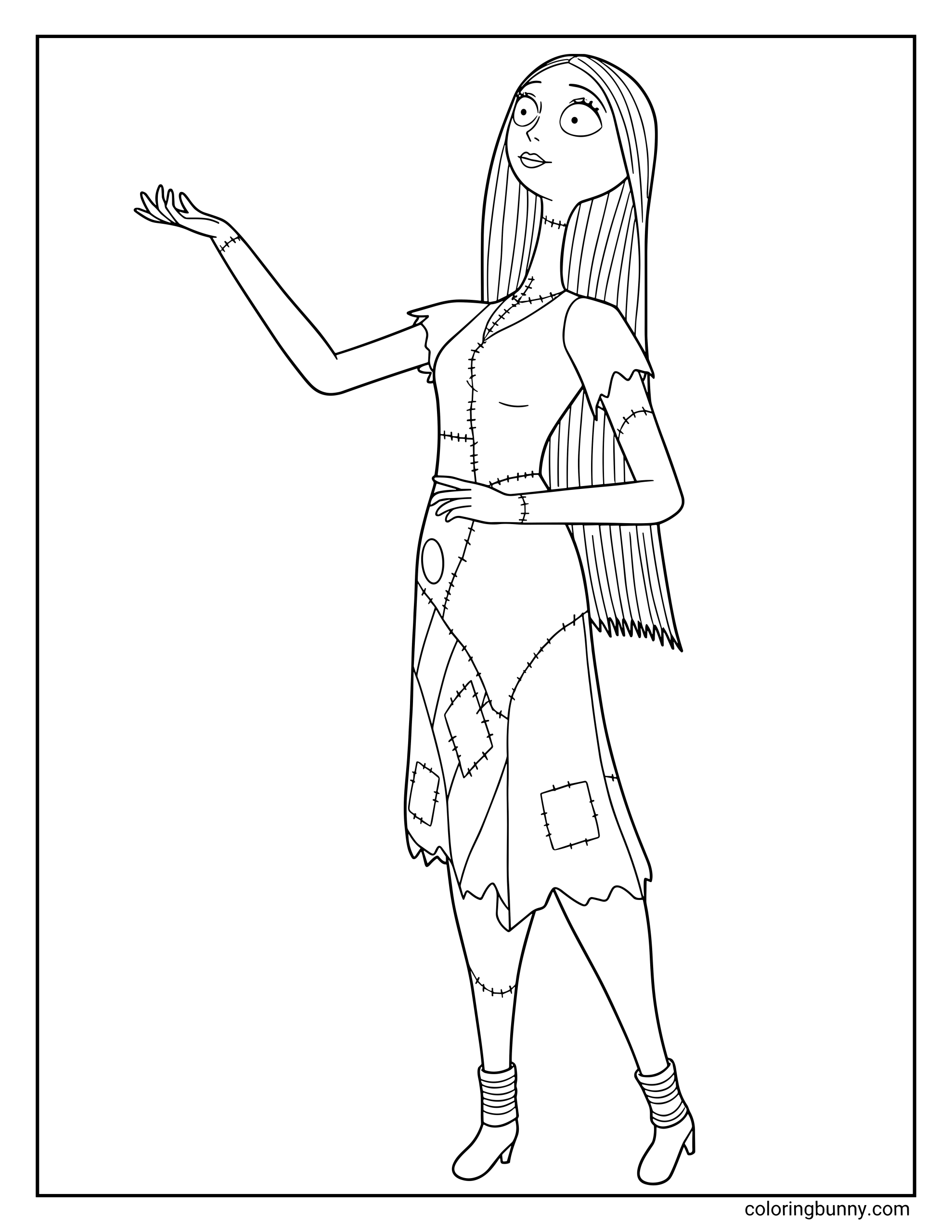 A Nightmare Before Christmas coloring page featuring Sally standing with one hand raised as if catching falling snow. She has long straight hair, stitched details across her face and body, and a patchwork dress with various patterns and patches.