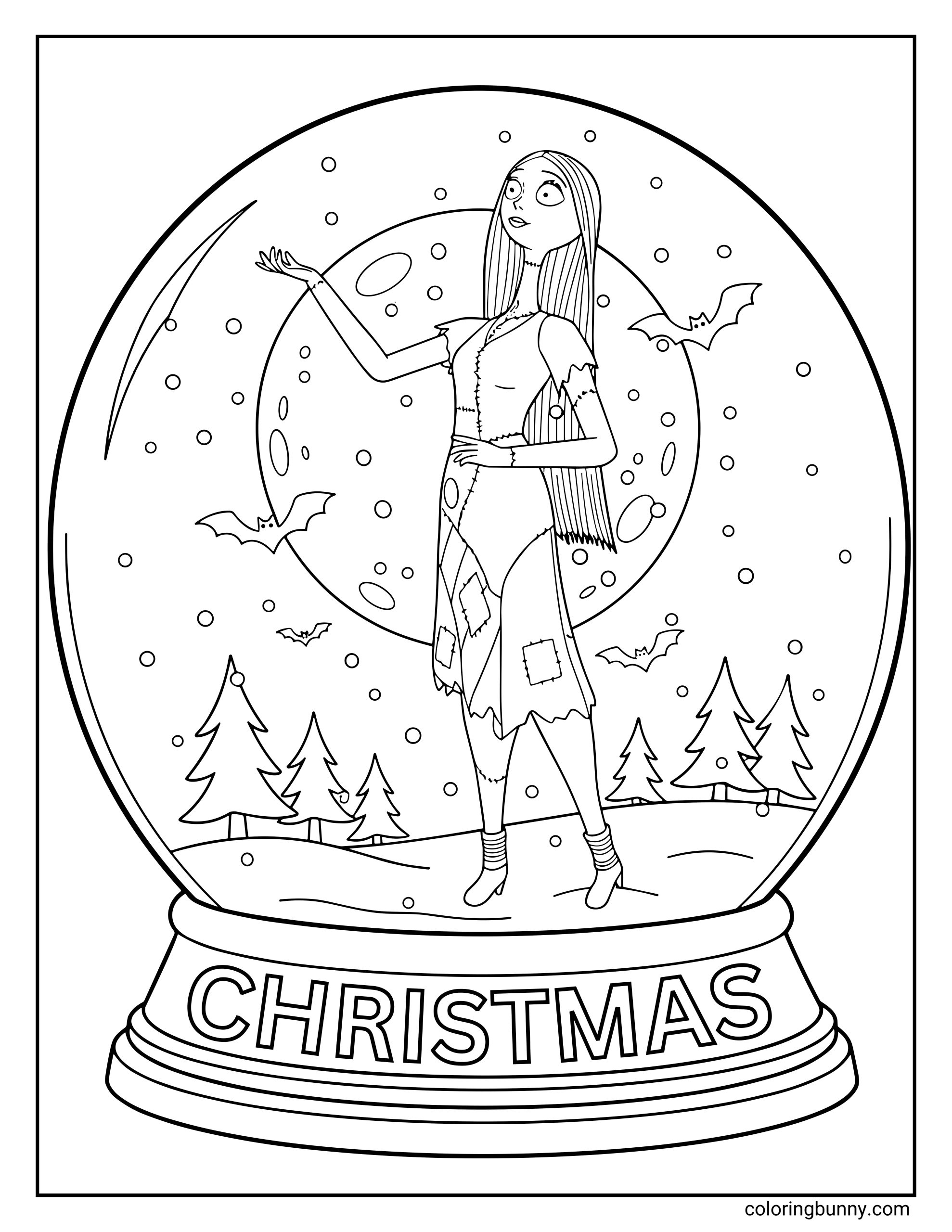 A Nightmare Before Christmas coloring page featuring Sally standing inside a large snow globe labeled “CHRISTMAS.” She is surrounded by falling snow, pine trees, and small flying bats, with her stitched dress and long hair flowing inside the globe.
