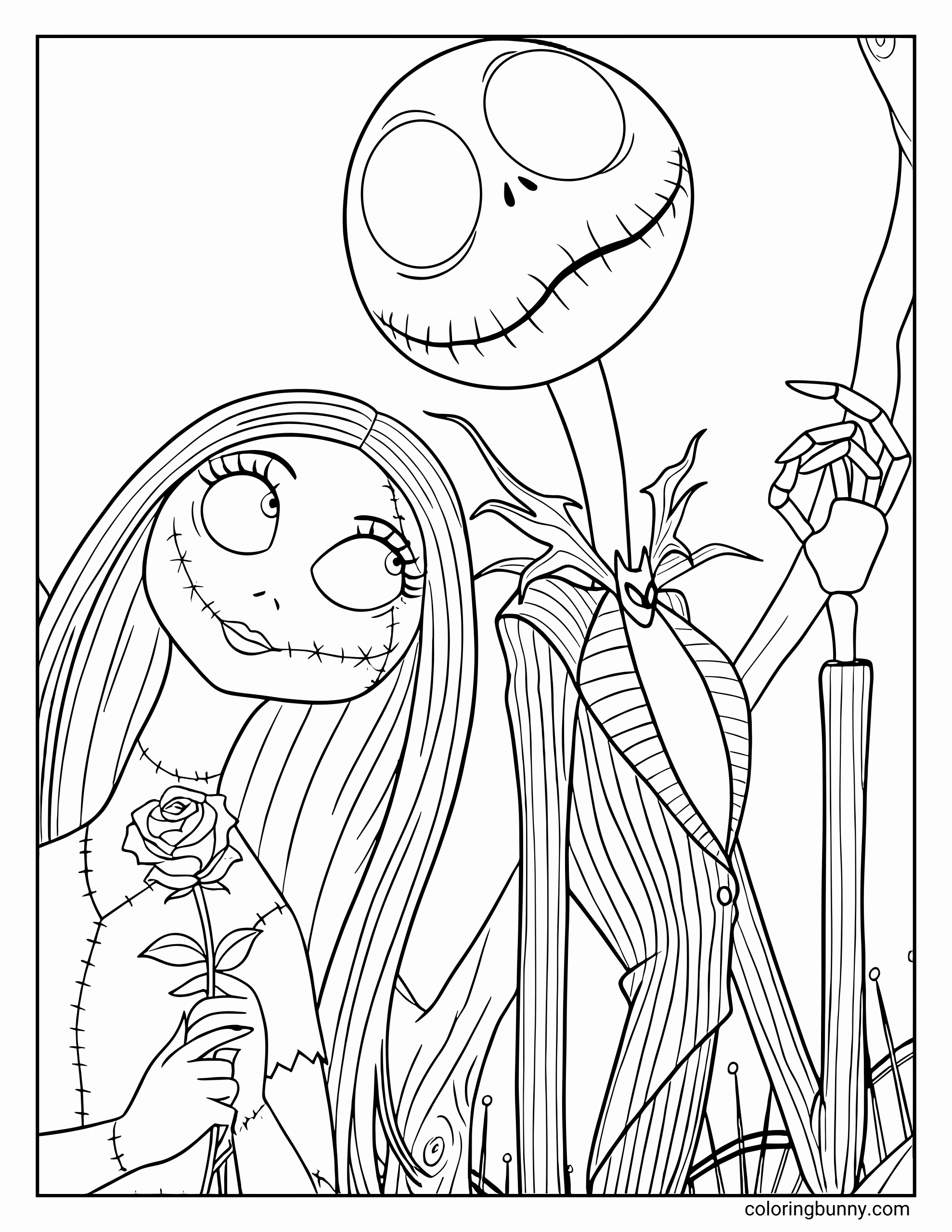 A Nightmare Before Christmas coloring page featuring Sally holding a rose and looking up at Jack Skellington, who is smiling back at her. Jack wears his pinstripe suit. Both characters have stitched details, with spooky scenery behind them.