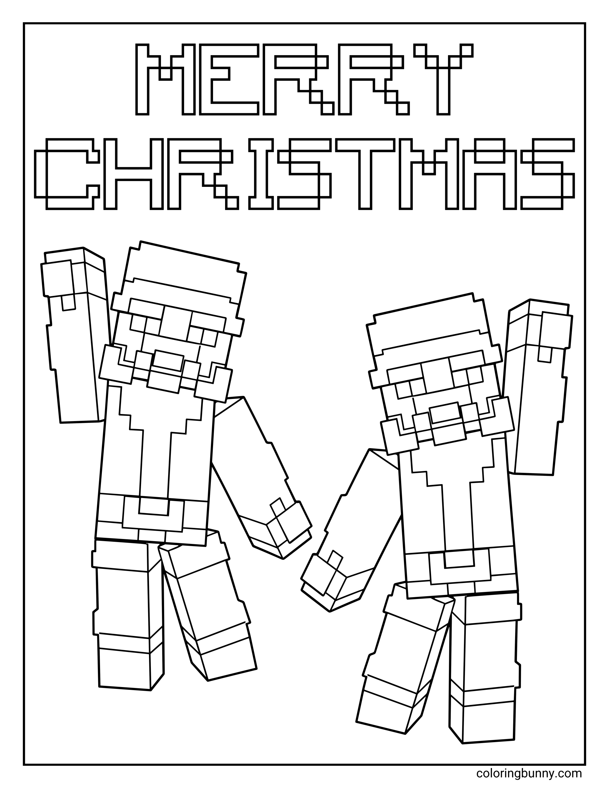 A Minecraft Christmas coloring page featuring two blocky Santa characters waving joyfully beneath a pixelated “Merry Christmas” sign. Both Santas wear festive hats and suits, ready to spread cheer in classic Minecraft style.