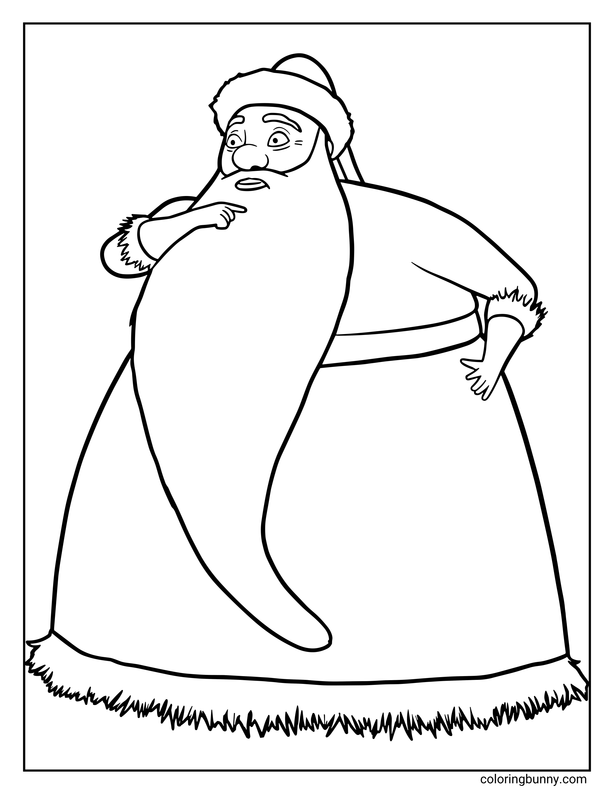 A Nightmare Before Christmas coloring page featuring Santa Claus (Sandy Claws) with a long flowing beard, wearing a fur-trimmed hat and coat. He has a surprised expression and one hand raised to his chest while the other rests on his hip.
