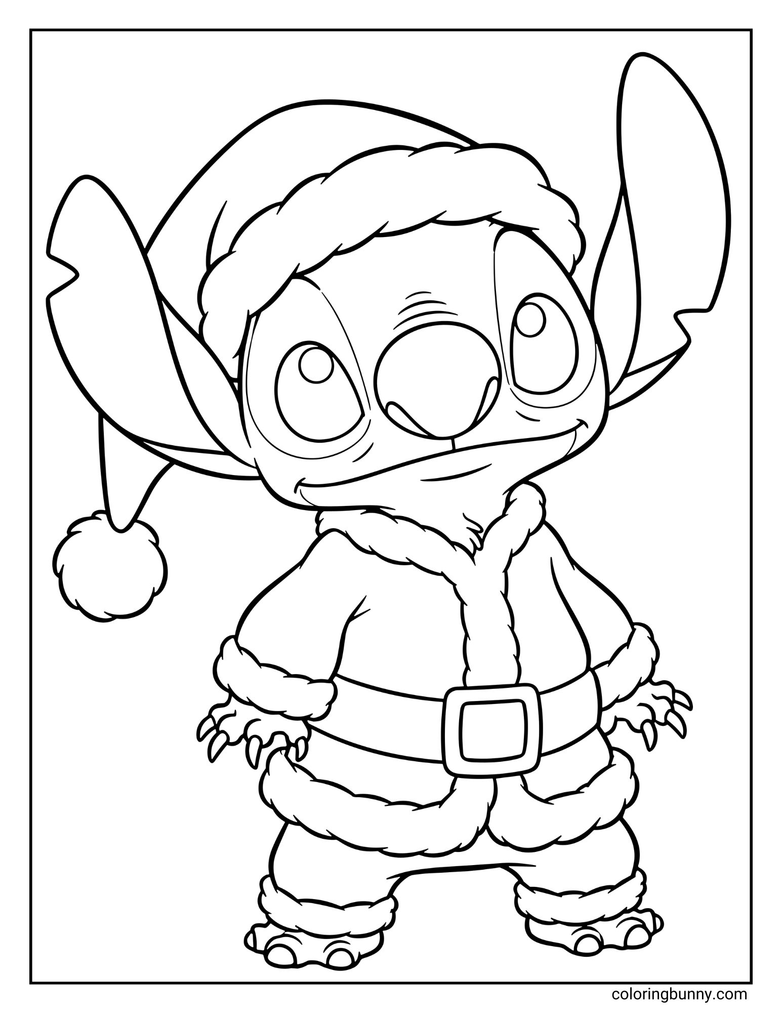 A Christmas coloring page featuring the character Stitch. He is standing and smiling while wearing a full Santa Claus suit. The background is blank.