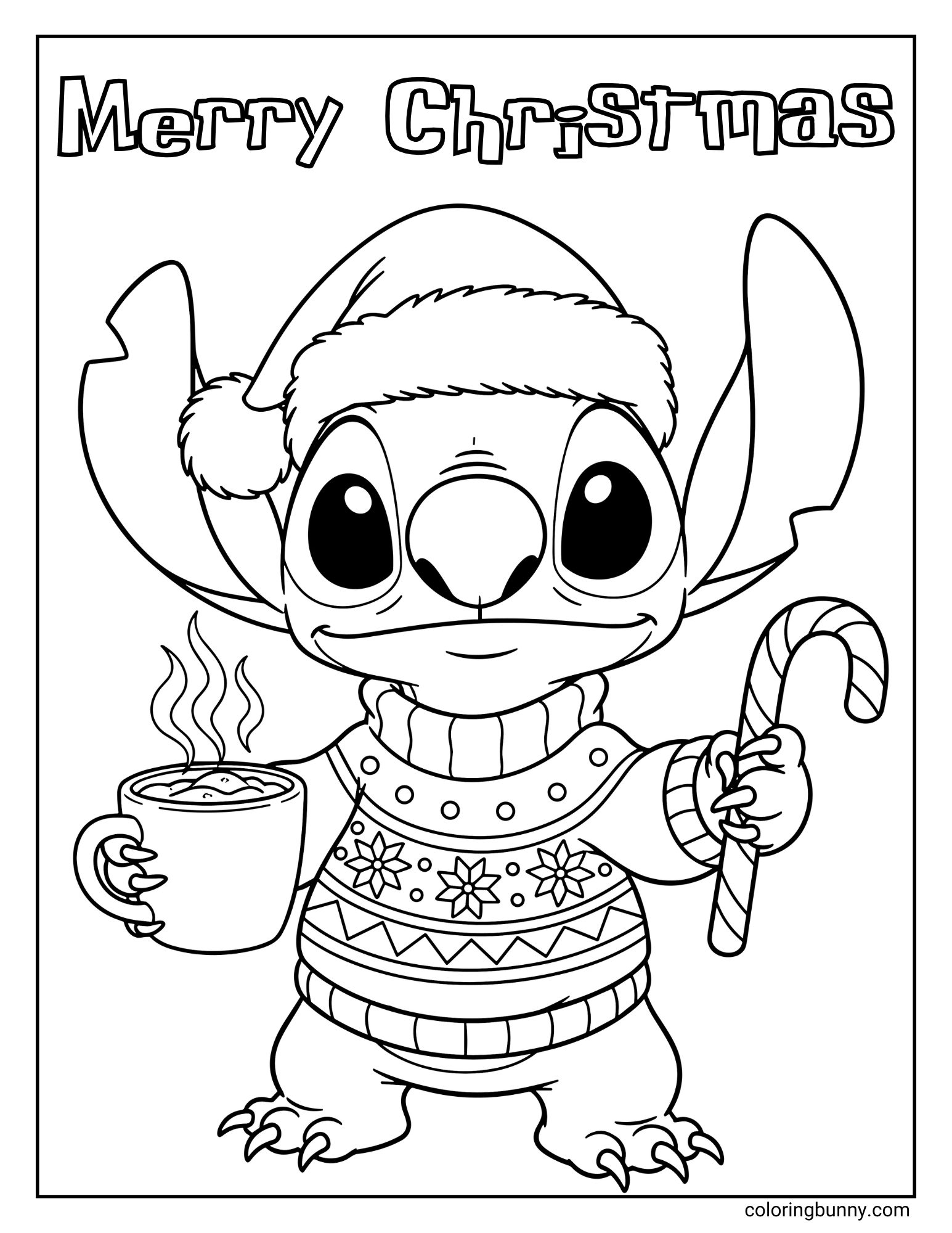 A "Merry Christmas" coloring page featuring the character Stitch. He is wearing a Santa hat and a Christmas sweater, and is holding a mug of hot cocoa and a candy cane.