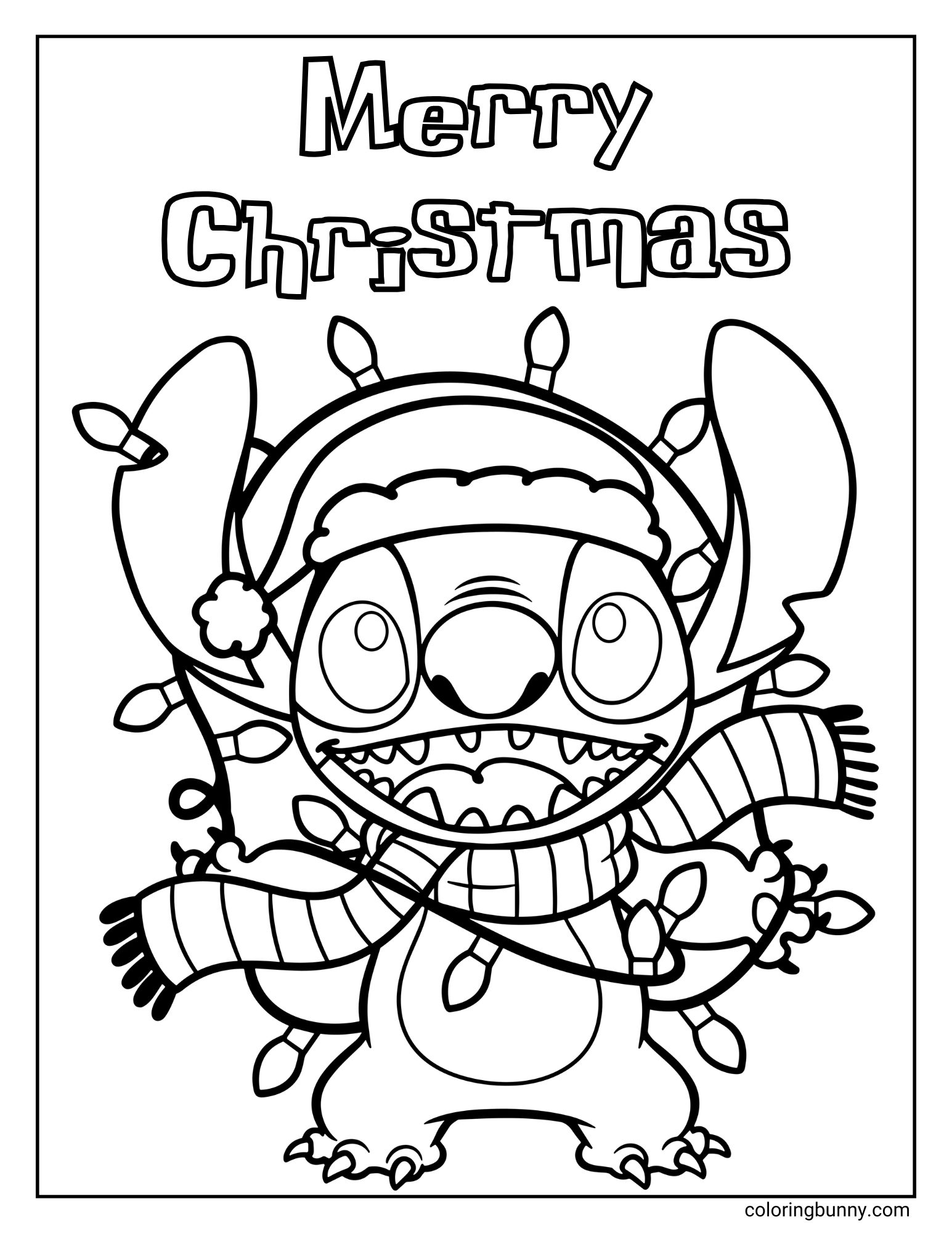 A "Merry Christmas" coloring page featuring the character Stitch. He is wearing a Santa hat and scarf, and is tangled up in a string of Christmas lights.
