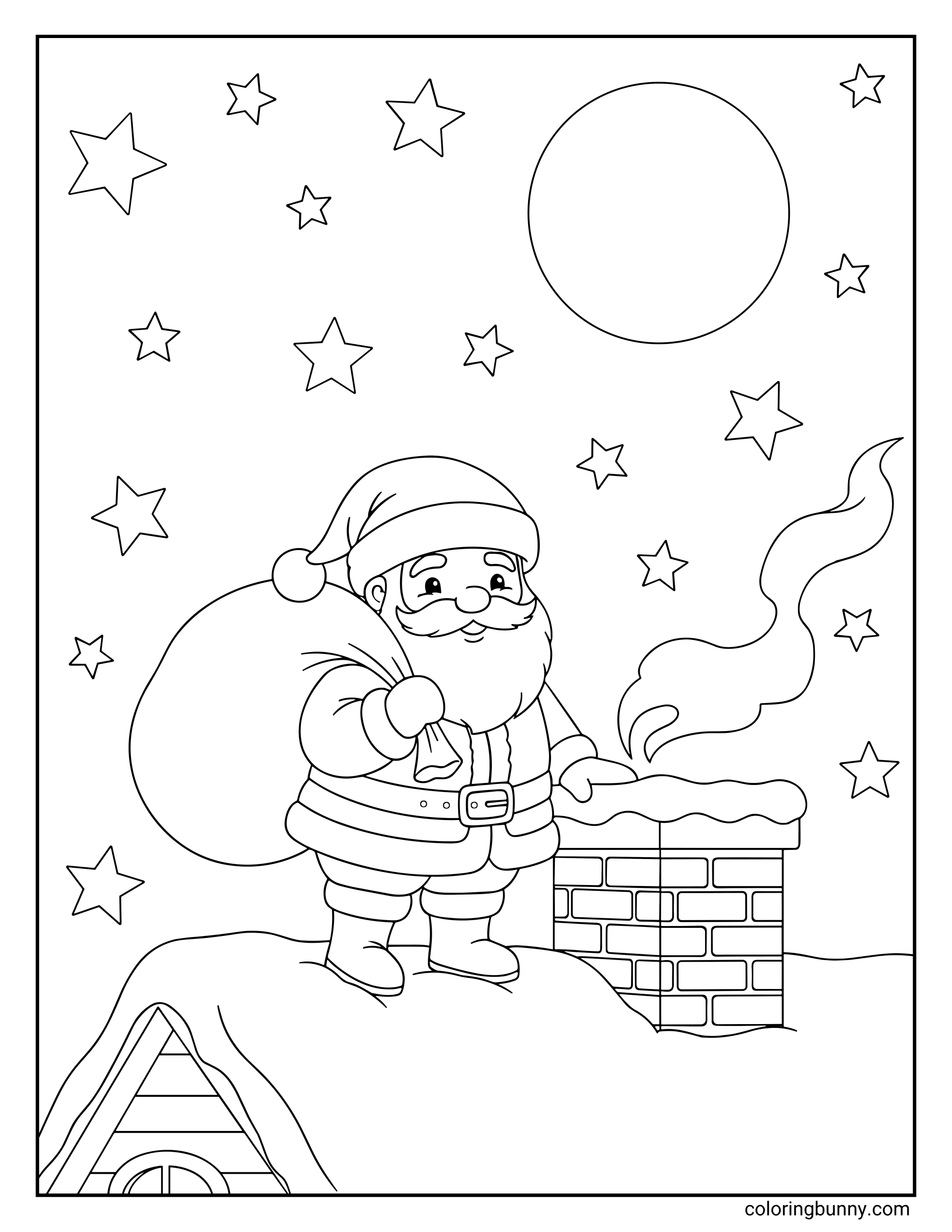 A Christmas coloring sheet featuring Santa Claus standing on a snow-covered roof next to a smoking brick chimney. He holds a large toy sack over his shoulder under a night sky filled with stars and a full moon.