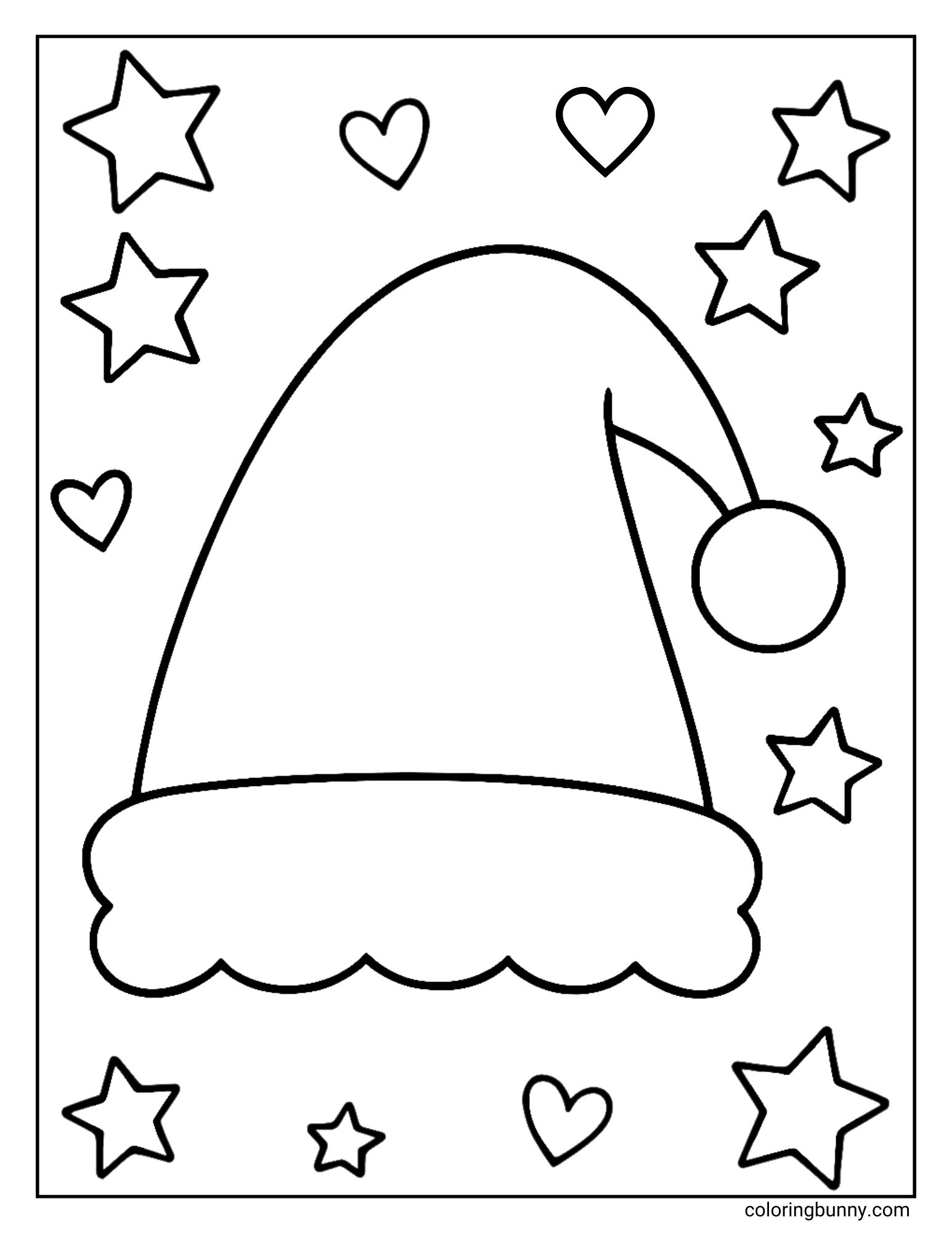A black and white Christmas coloring page featuring a large Santa hat in the center. The background is filled with a pattern of stars and hearts.