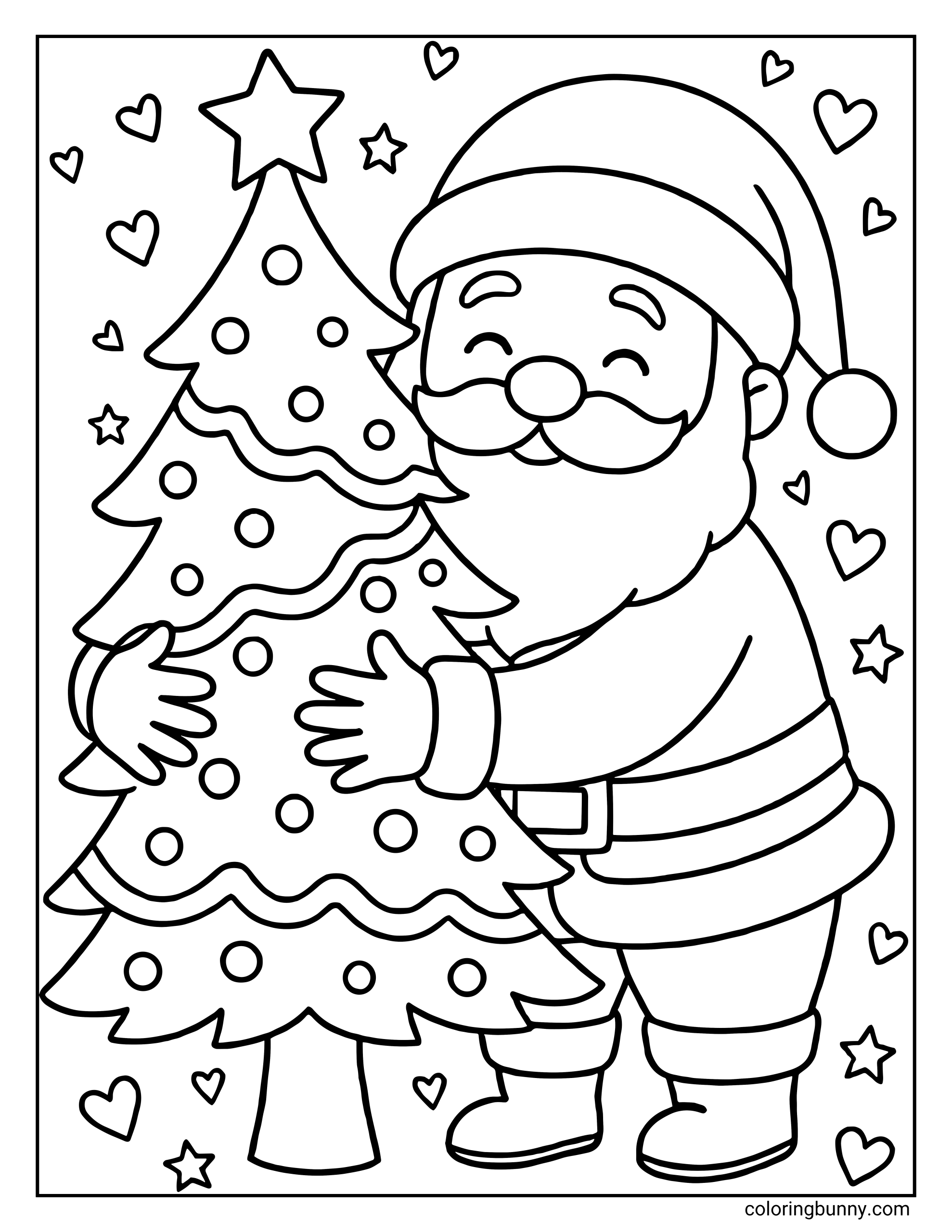 A coloring page displaying a happy cartoon Santa Claus wrapping his arms around a decorated Christmas tree. The tree is topped with a star, and the background features scattered hearts and stars.