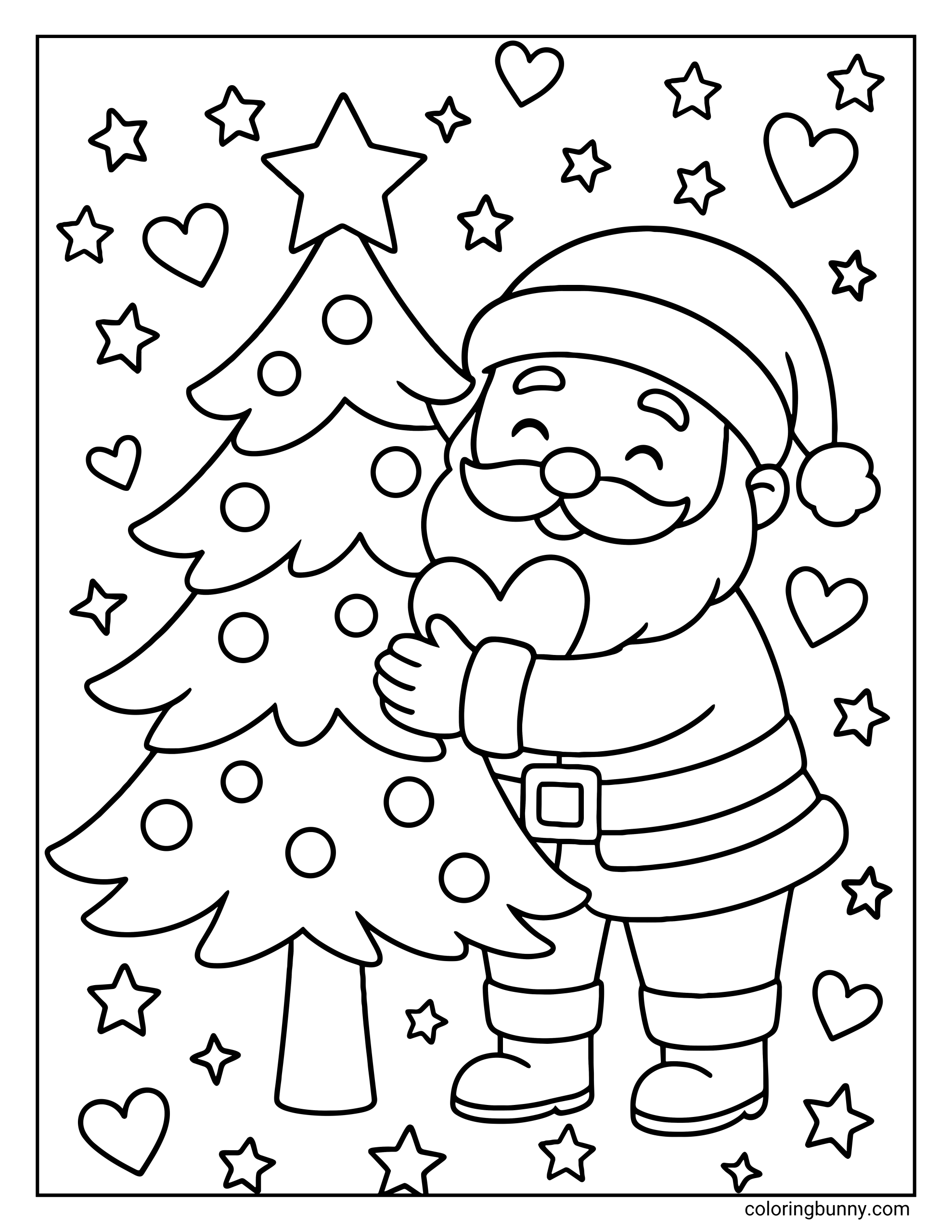 A black and white Christmas coloring page featuring a happy cartoon Santa Claus hugging a heart shape while standing next to a decorated Christmas tree. The background is filled with scattered stars and hearts.