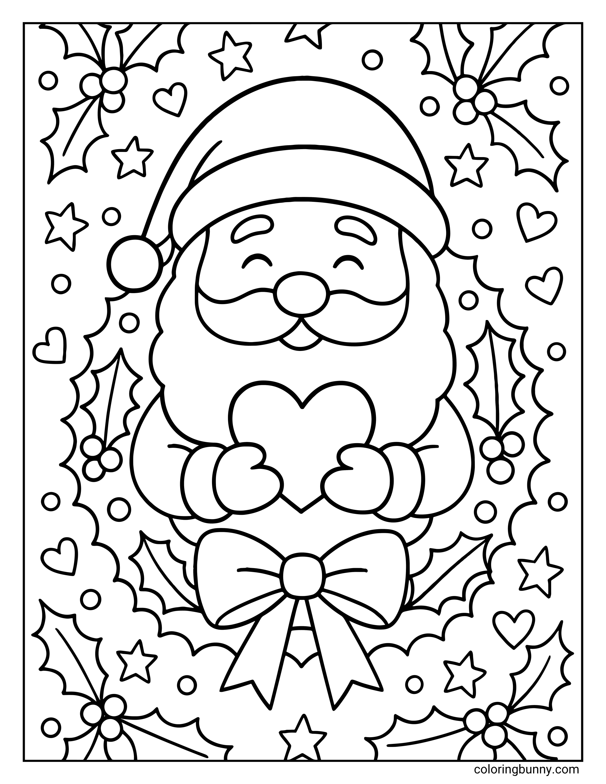 A coloring page featuring a smiling Santa Claus holding a heart to his chest. He is framed by a holly wreath with a large bow, while the background is filled with scattered stars, hearts, and holly leaves.