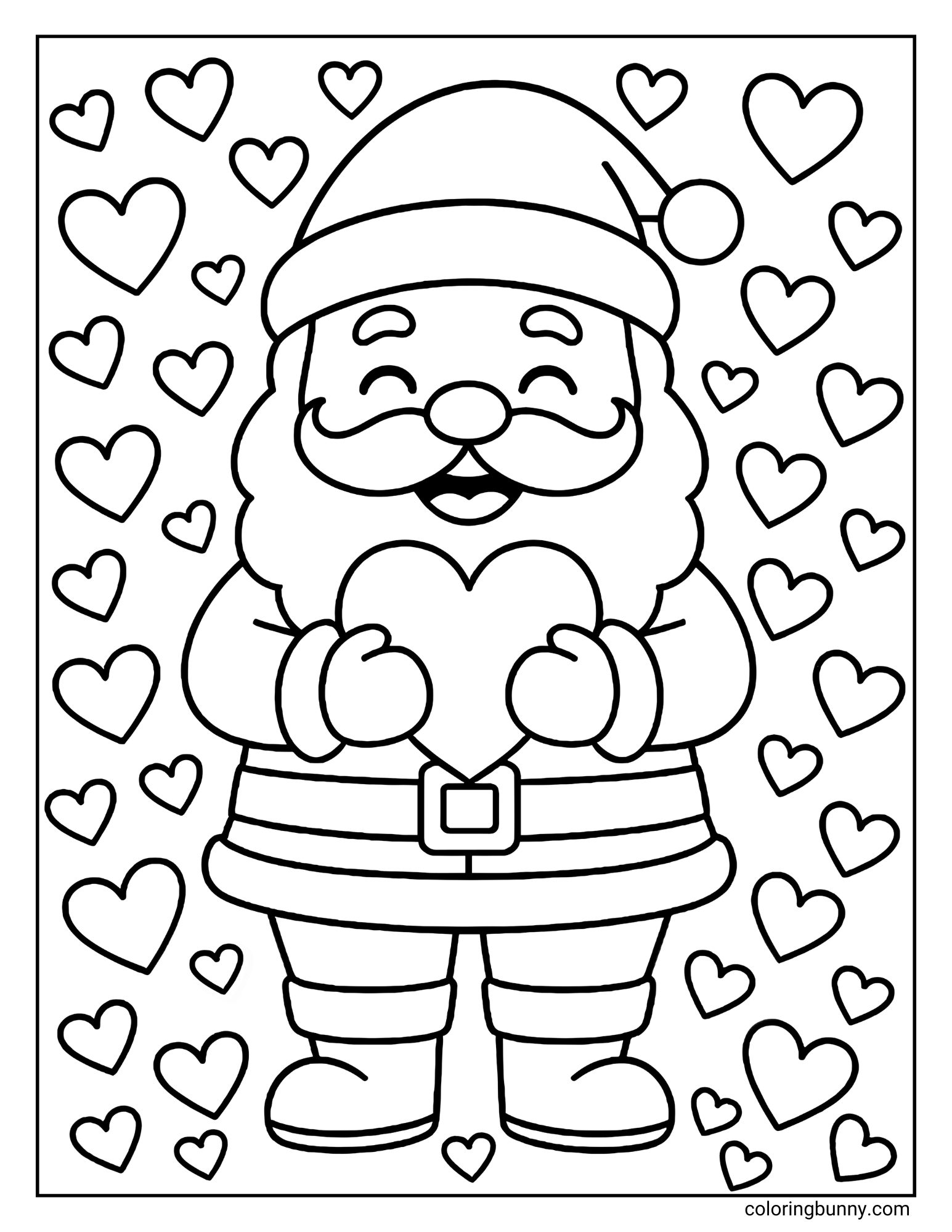A printable Christmas coloring sheet featuring a happy cartoon Santa Claus holding a large heart shape against his chest. He is surrounded by many smaller floating hearts filling the background.