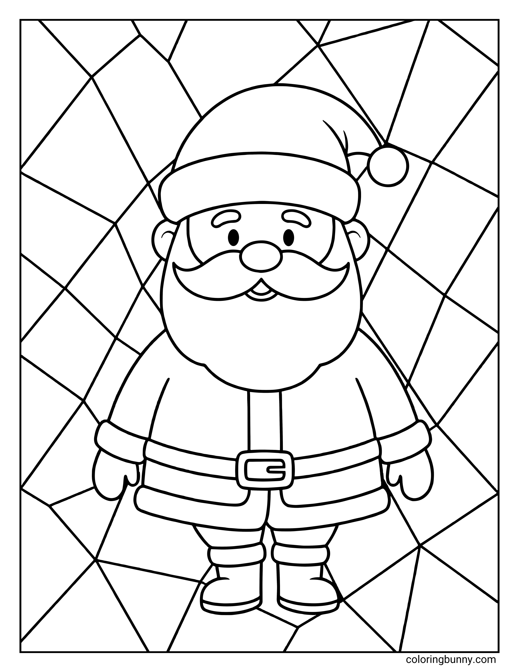 A simple coloring page featuring a close-up portrait of a smiling cartoon Santa Claus. The image focuses on his face, fluffy beard, mustache, and traditional hat with a pom-pom.