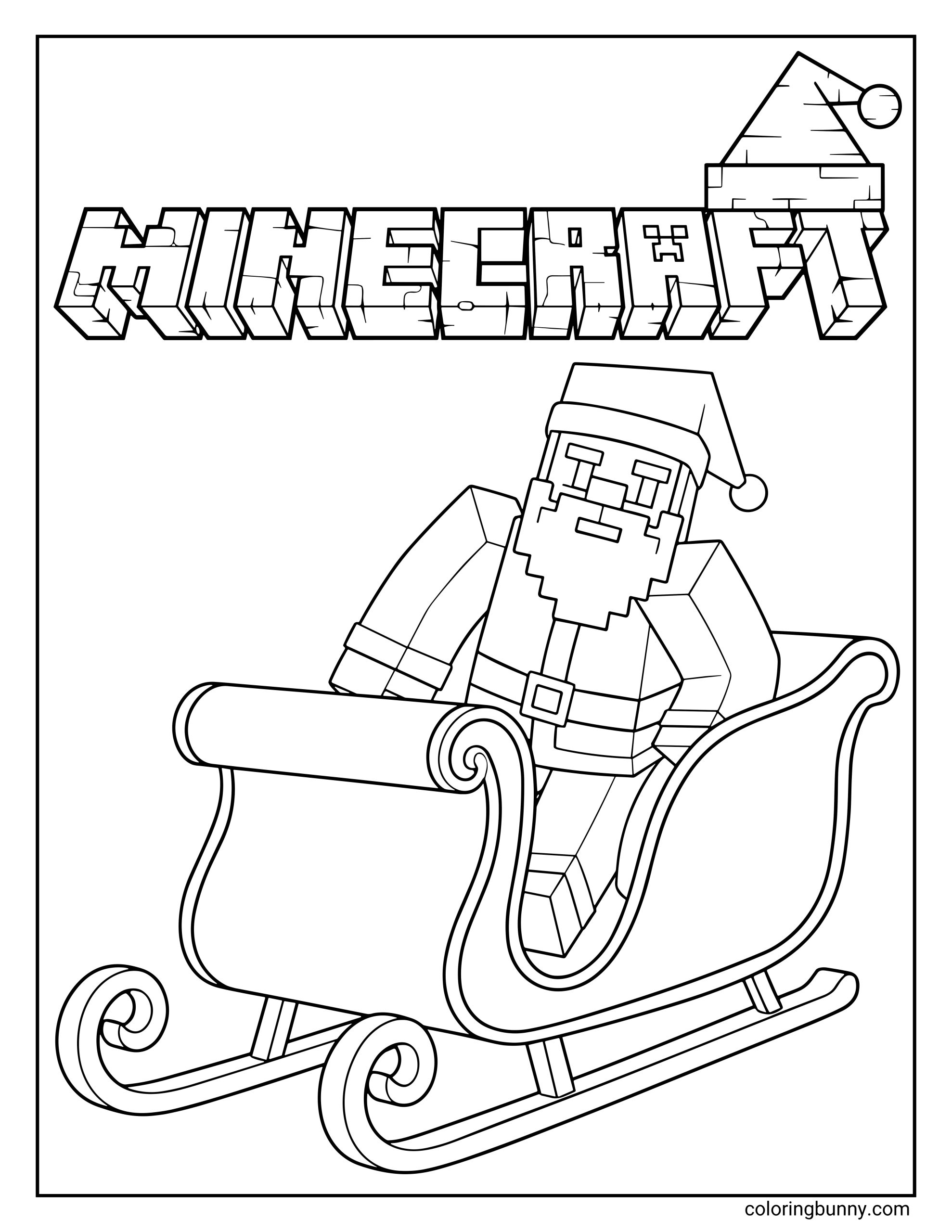 A Minecraft Christmas coloring page featuring Santa Claus in his blocky Minecraft style, sitting in a festive sleigh under the Minecraft logo topped with a Santa hat.