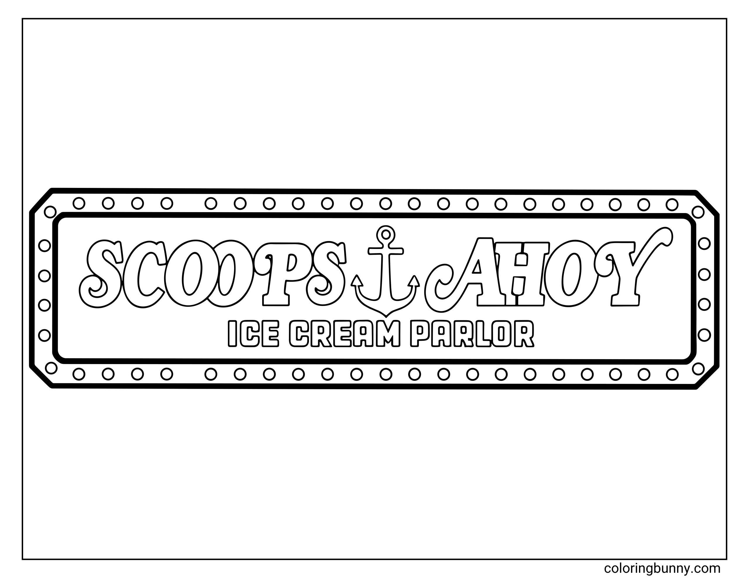 A Stranger Things coloring page featuring the Scoops Ahoy Ice Cream Parlor sign with a retro marquee border.