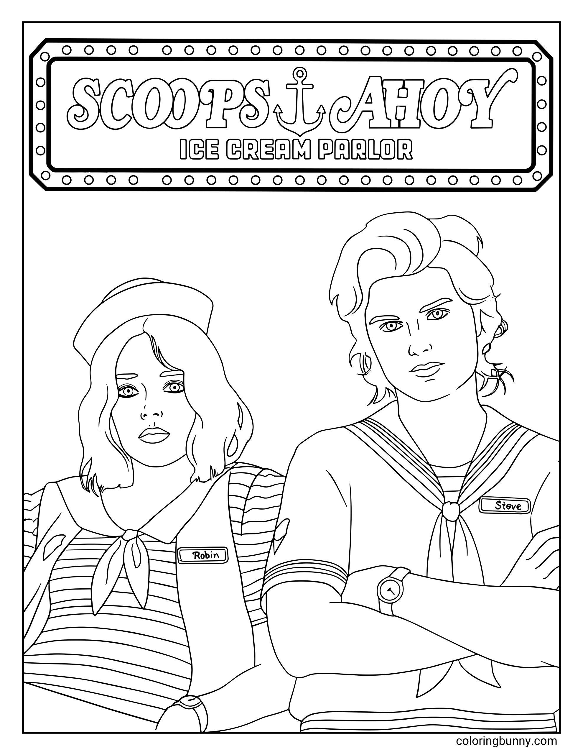 A Stranger Things coloring page featuring Steve and Robin in their Scoops Ahoy uniforms, standing under the bright “Scoops Ahoy Ice Cream Parlor” sign from the Starcourt Mall.