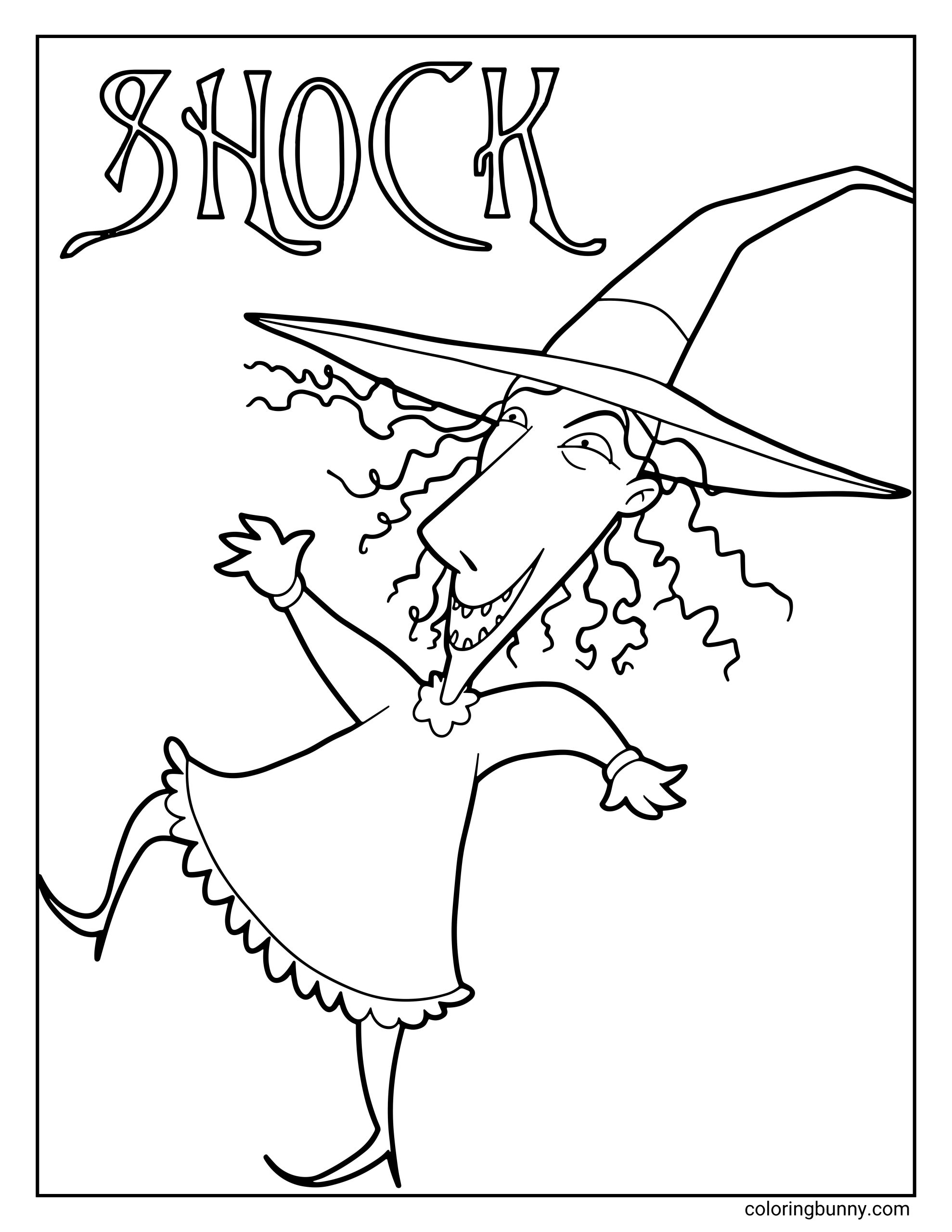 A Nightmare Before Christmas coloring page of Shock, the mischievous witch from Lock, Shock, and Barrel. She’s wearing her tall pointed hat and dress, striking a playful pose with a sly grin.