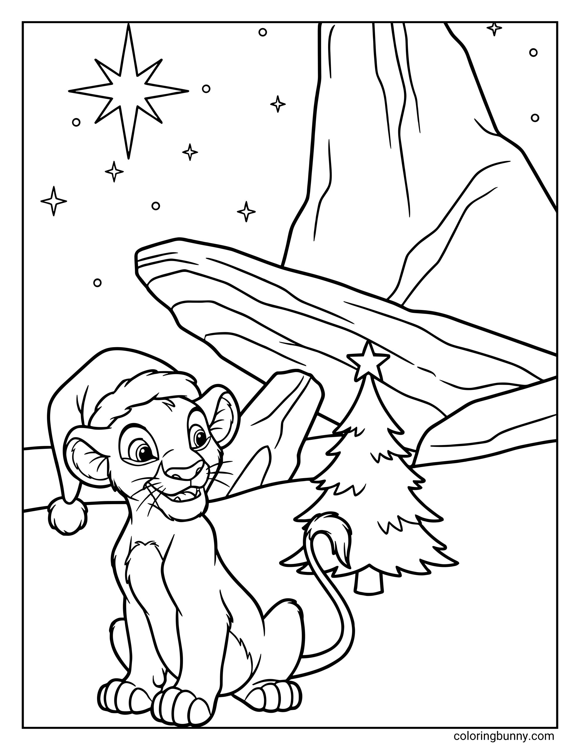 A Lion King Disney Christmas coloring page of Simba, a young lion cub wearing a Santa hat while sitting happily beside a small decorated Christmas tree. A rocky landscape with Pride Rock and a star-filled night sky appear behind him, creating a festive holiday scene in the savanna.