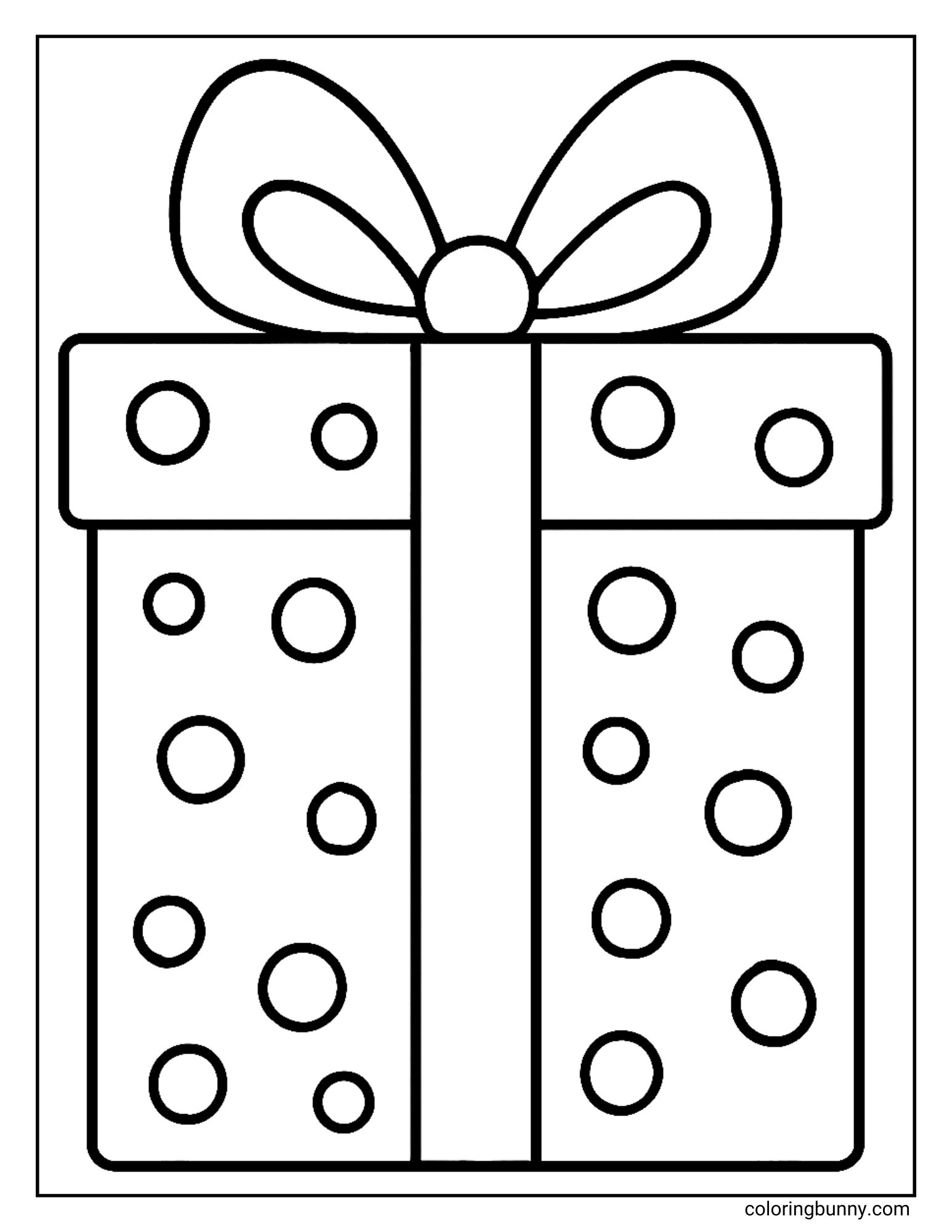 A simple Christmas coloring sheet featurnig a large rectangular Christmas present wrapped in polka dot paper. A thick ribbon runs down the center, topped with a big fluffy bow.