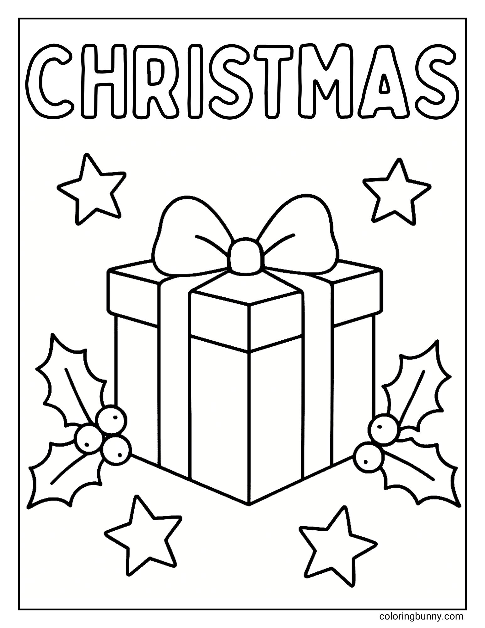 A black and white coloring page with the word 'CHRISTMAS' at the top. The image features a large, single present with a bow, surrounded by stars and holly.