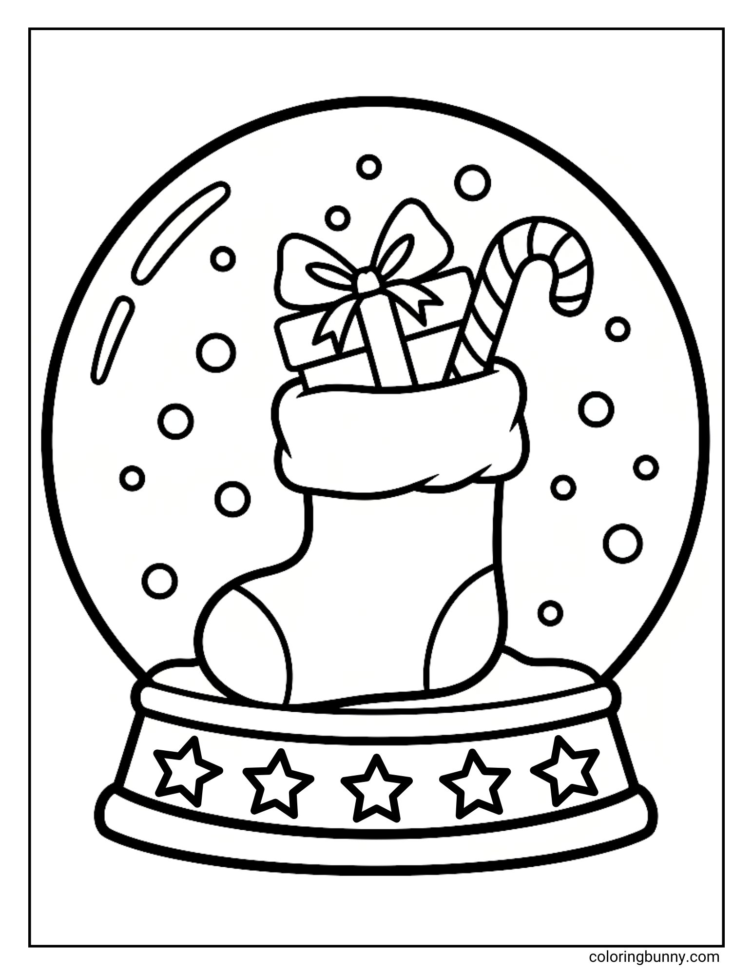 A coloring sheet featuring a snow globe containing a Christmas stocking filled with a wrapped present and a candy cane. The base of the globe is decorated with five stars.