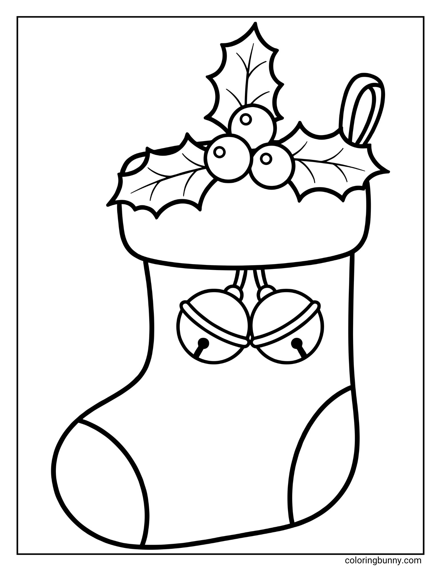 A simple coloring page featuring an outline of a Christmas stocking. The top cuff is decorated with holly leaves and berries, while two round jingle bells hang down from the center.