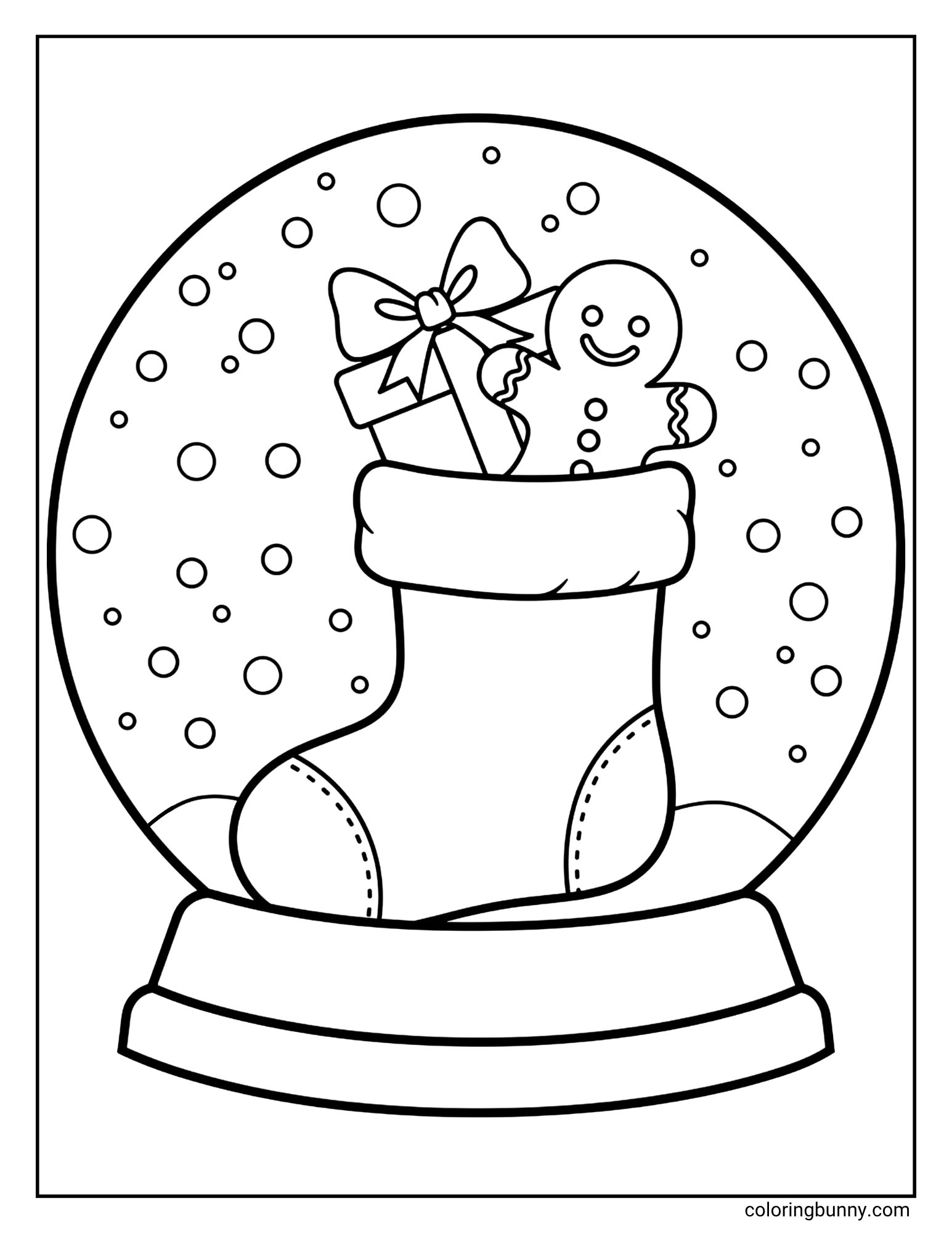 A coloring sheet featuring a snow globe containing a Christmas stocking. A gingerbread man and a wrapped present are tucked inside the stocking while snow falls around them.