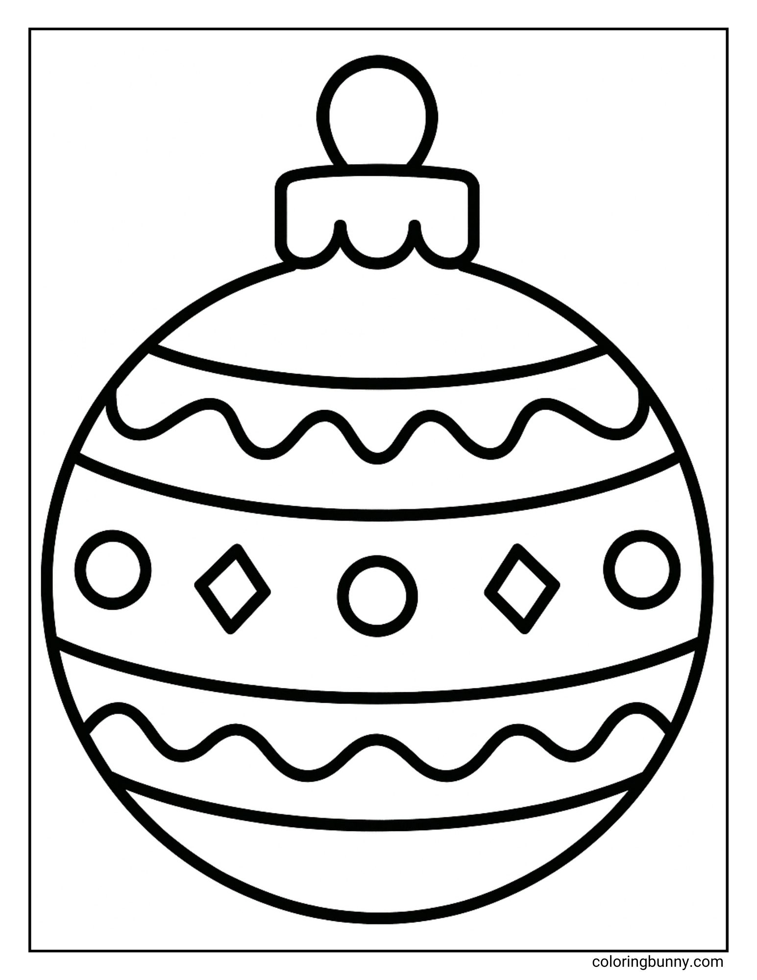 A simple Christmas coloring sheet featuring a large, round Christmas bauble. The ornament is decorated with horizontal bands featuring wavy lines, circles, and diamond shapes.