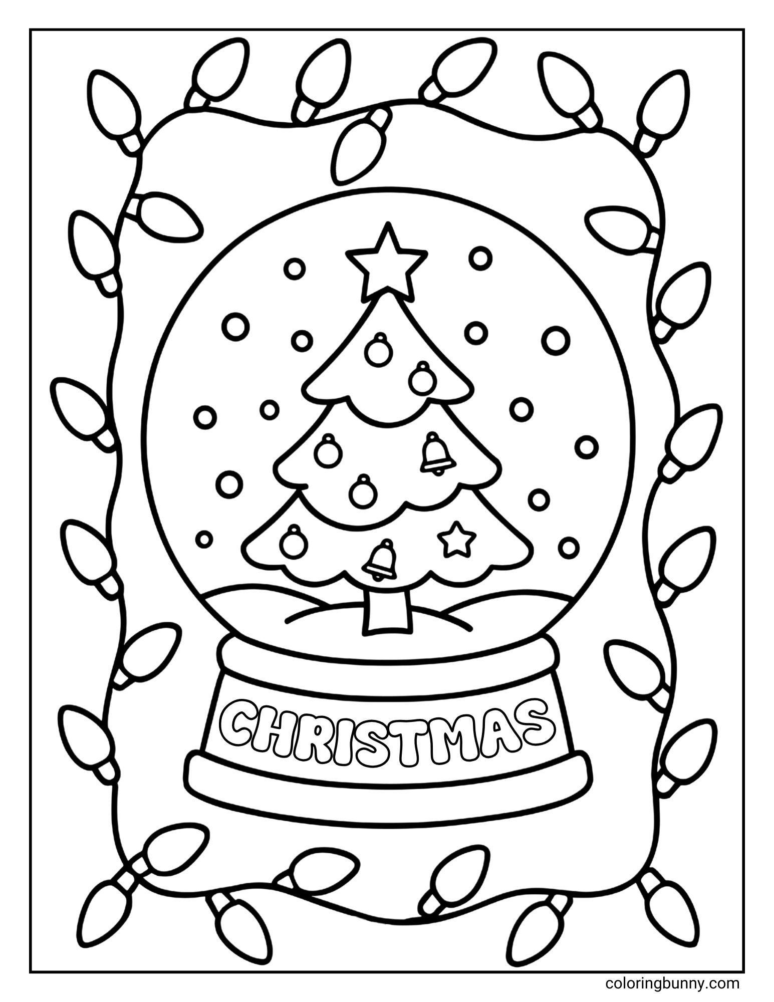 A coloring sheet featuring a snow globe containing a decorated Christmas tree with a star on top. The globe is framed by a border of large Christmas string lights, and the base reads "CHRISTMAS".