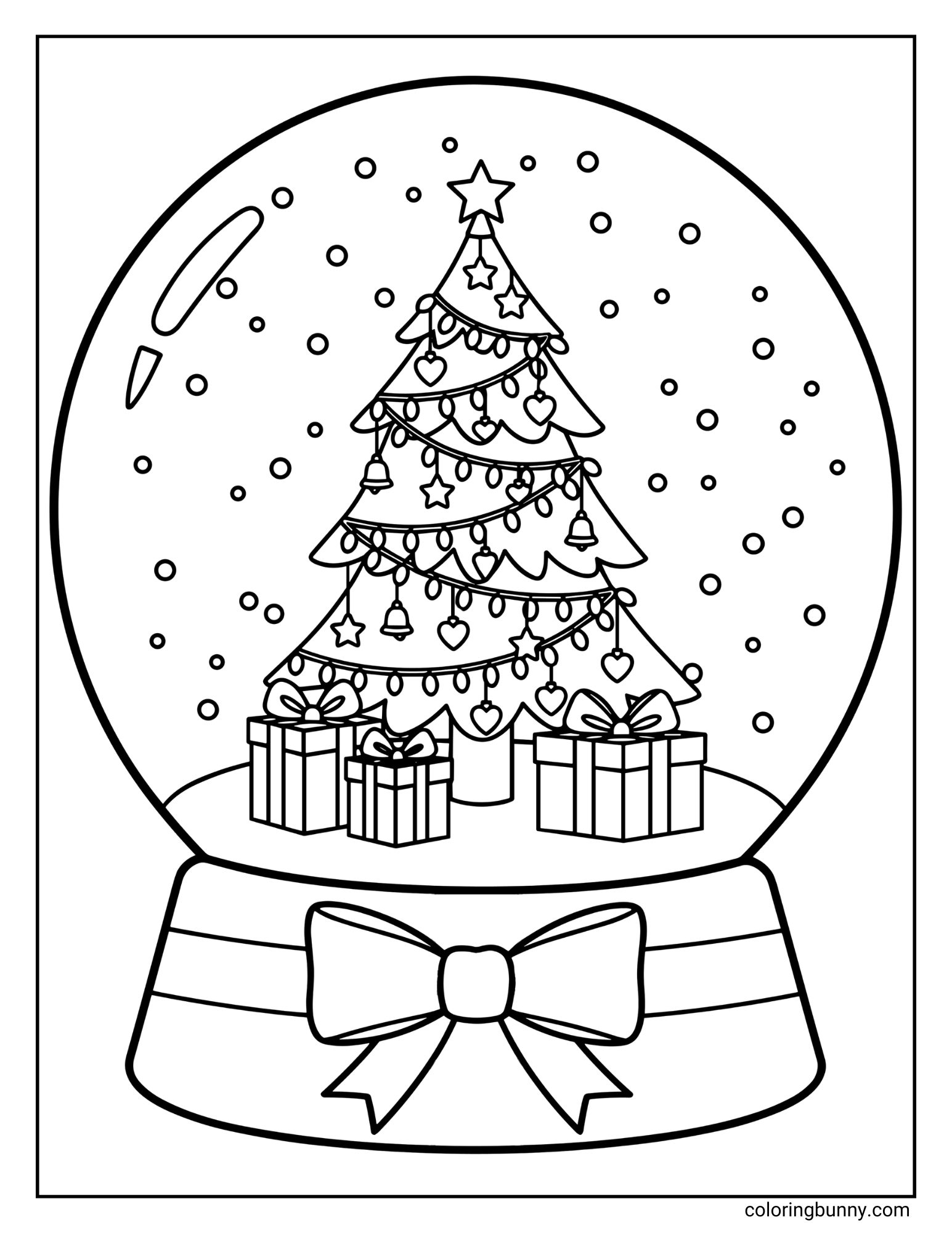 A coloring sheet featuring a snow globe containing a Christmas tree decorated with stars and hearts. Three wrapped presents sit under the tree, and the base is adorned with a large bow.