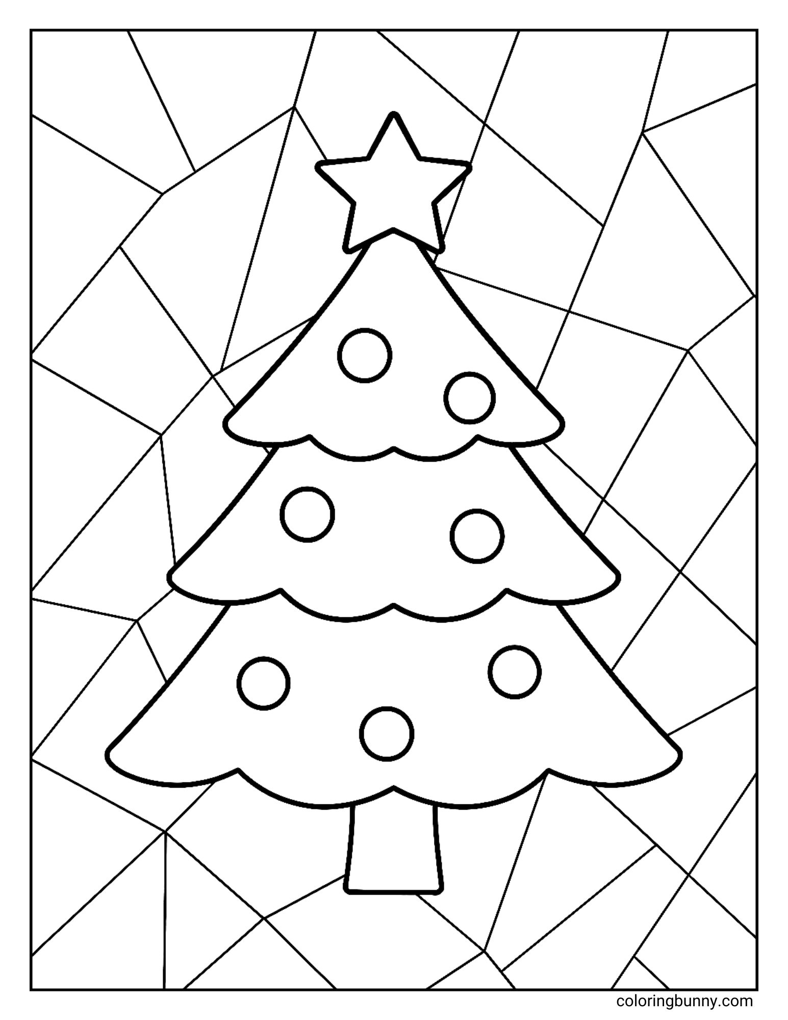 A coloring sheet featuring a simple Christmas tree topped with a five-pointed star and decorated with round baubles. The background is filled with an abstract mosaic pattern of irregular shapes.