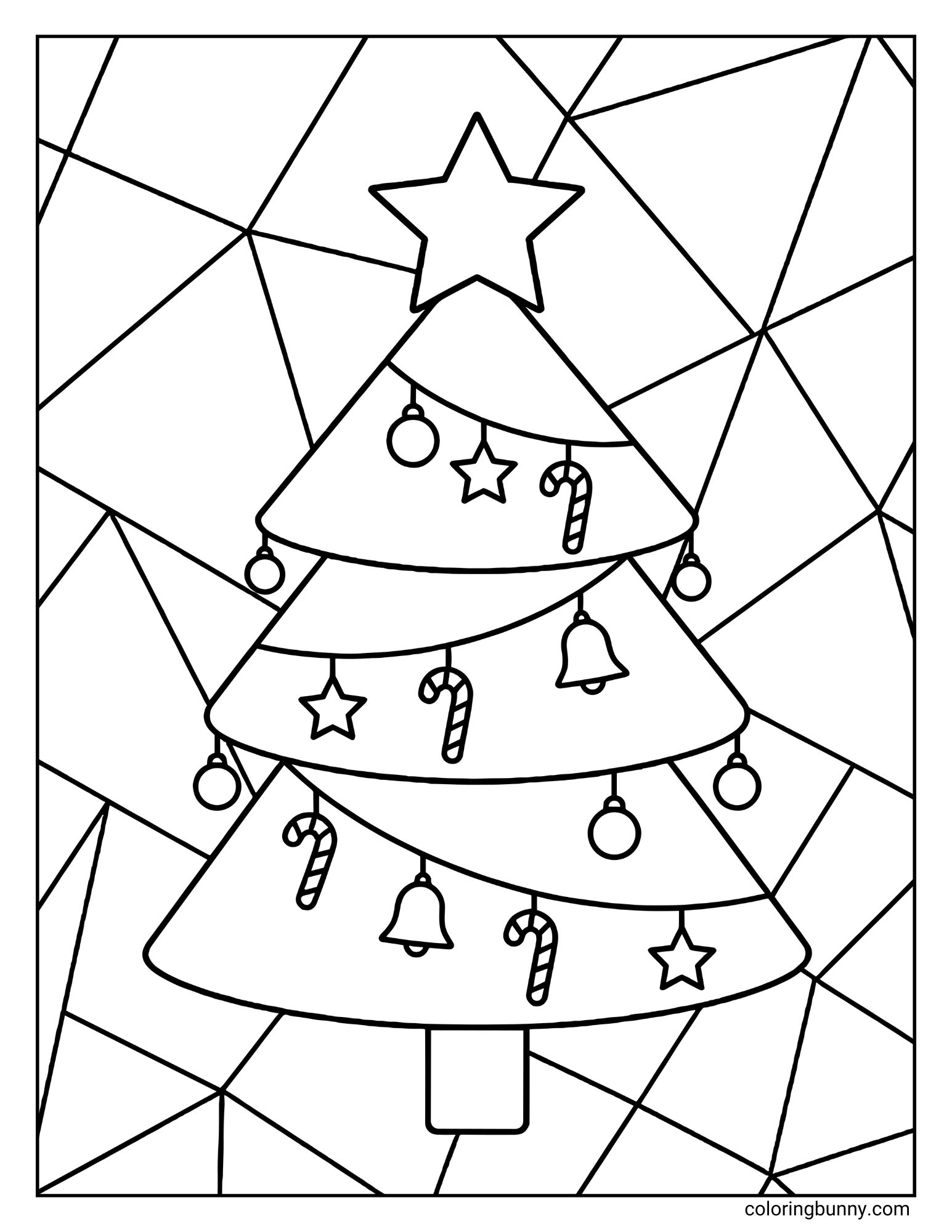 A coloring sheet featuring a simple, tiered Christmas tree topped with a large five-pointed star. The branches are hung with candy canes, bells, stars, and round baubles, set against a background of angular, mosaic-like shapes.