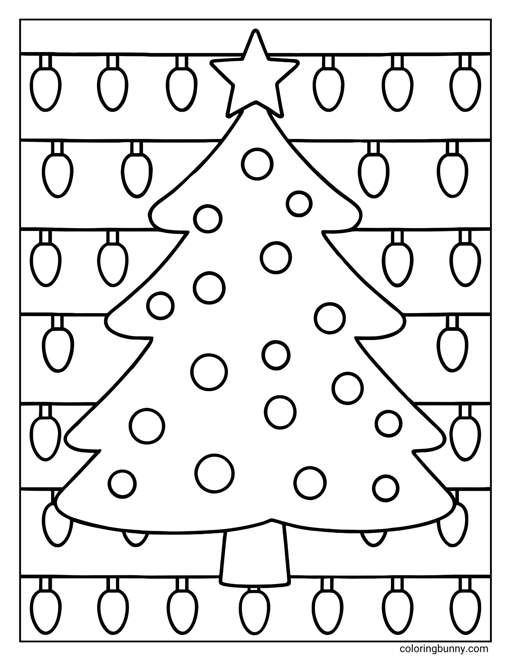 A coloring sheet featuring a simple Christmas tree decorated with round ornaments and a star topper. The background is filled with horizontal rows of large hanging light bulbs.