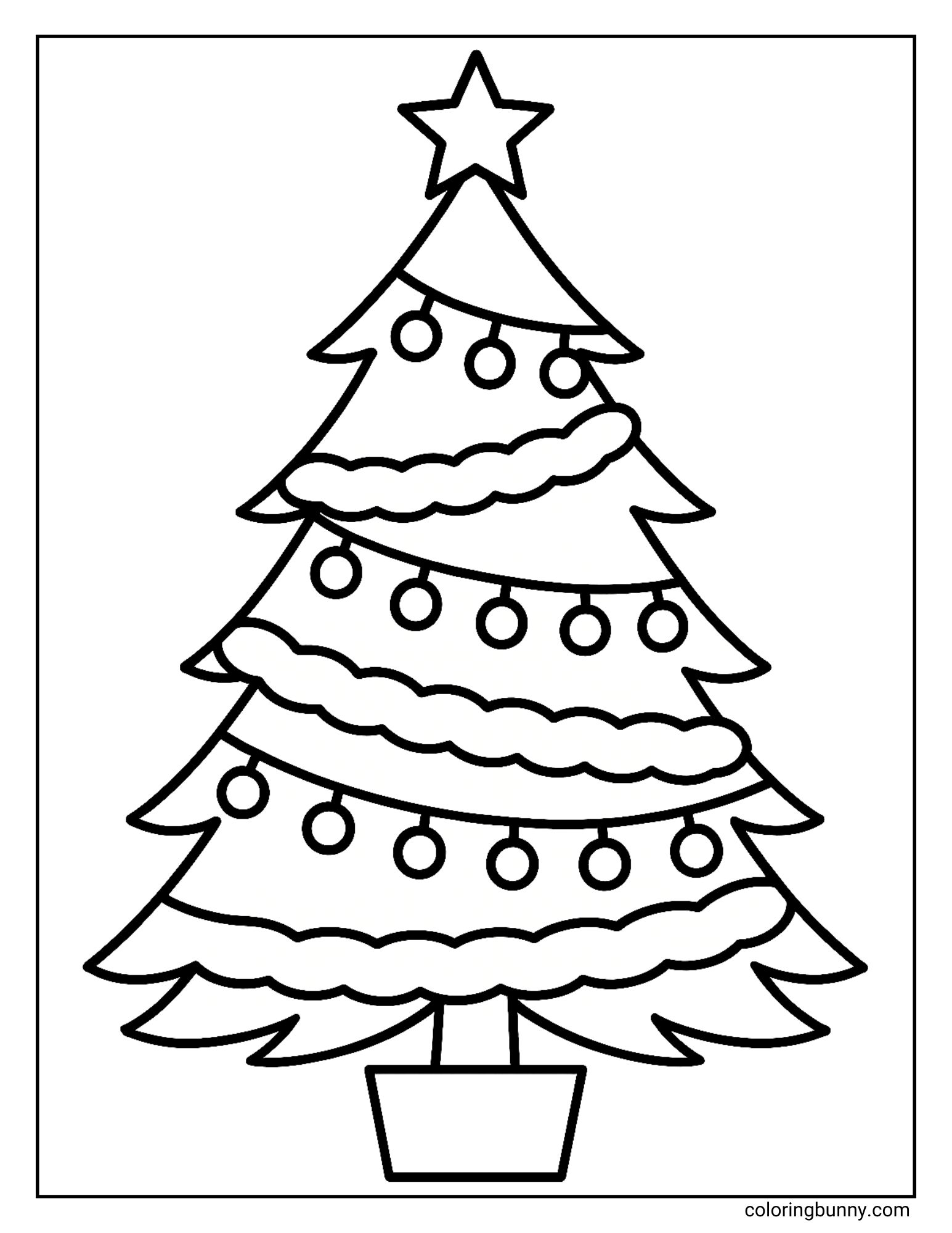 A simple coloring sheet featuring a potted Christmas tree topped with a five-pointed star. The branches are decorated with alternating rows of thick, fluffy tinsel and strings of round lights.