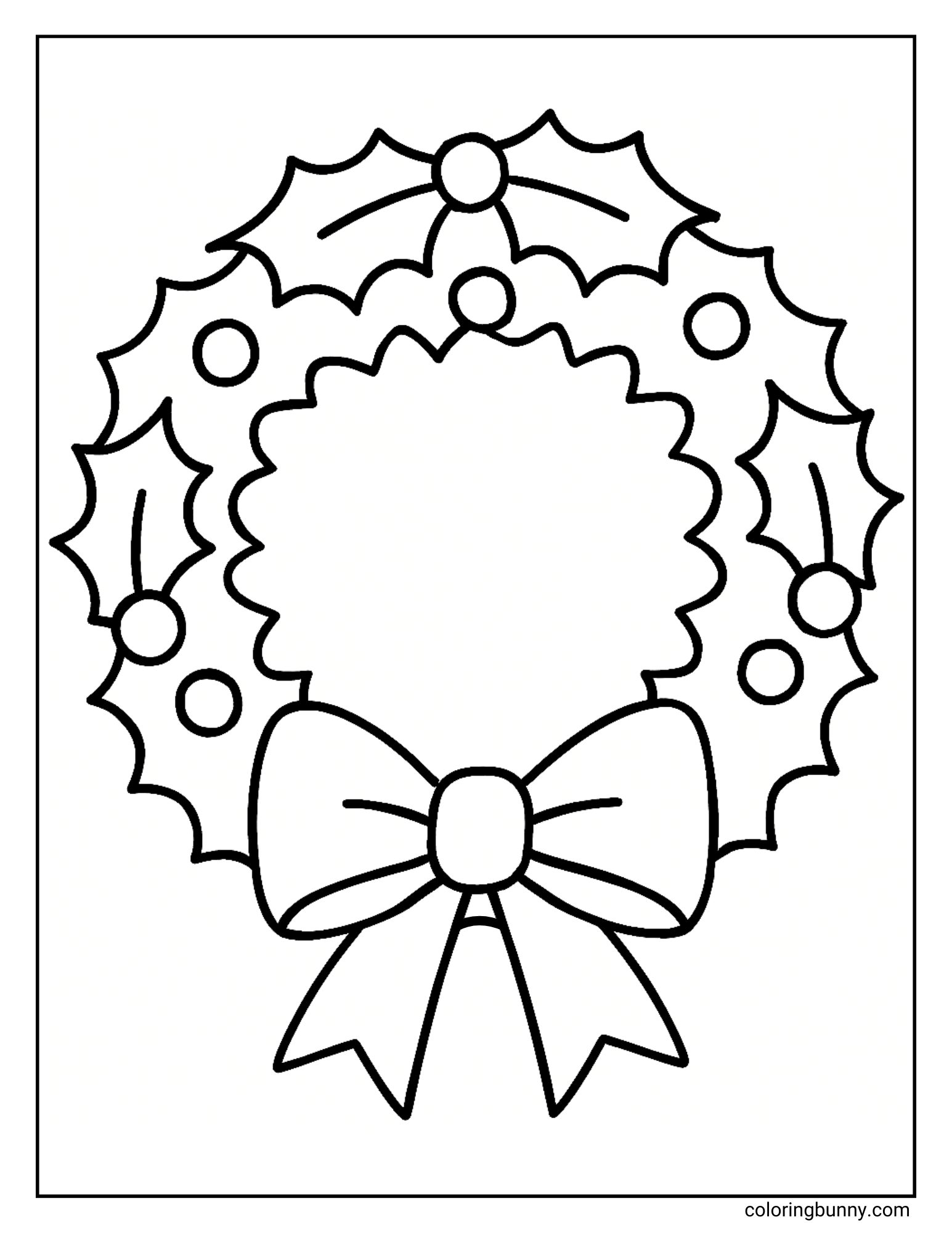 A simple Christmas coloring page showing a circular Christmas wreath composed of holly leaves and berries, featuring a large ribbon bow at the bottom.
