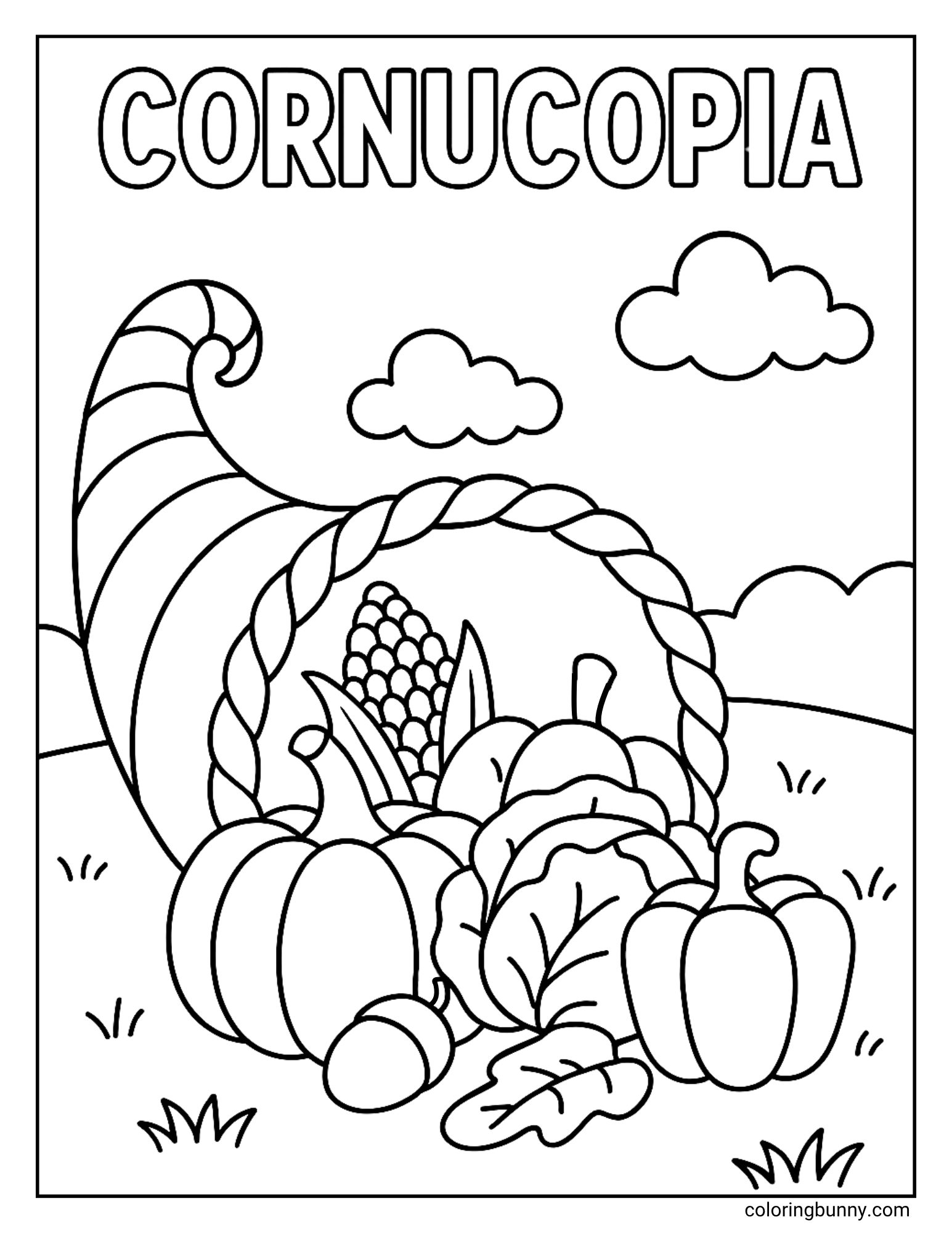 A coloring page titled "CORNUCOPIA" showing a woven horn filled with harvest vegetables. It rests in a field, spilling out pumpkins, corn on the cob, and lettuce under fluffy clouds.