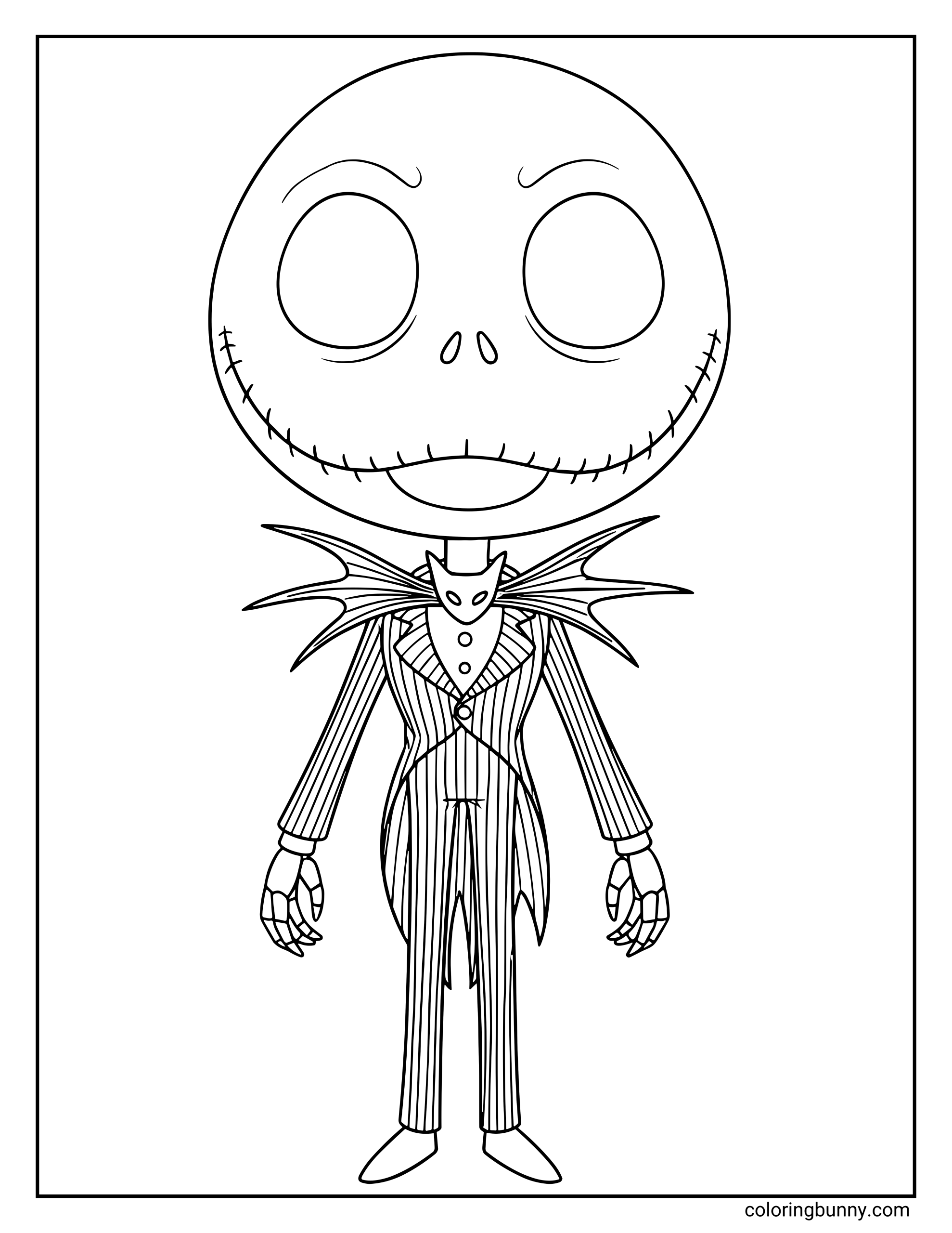 A Nightmare Before Christmas coloring page of a simplified, cute version of Jack Skellington with a large round head, stitched smile, and his classic pinstripe suit and bat bow tie.