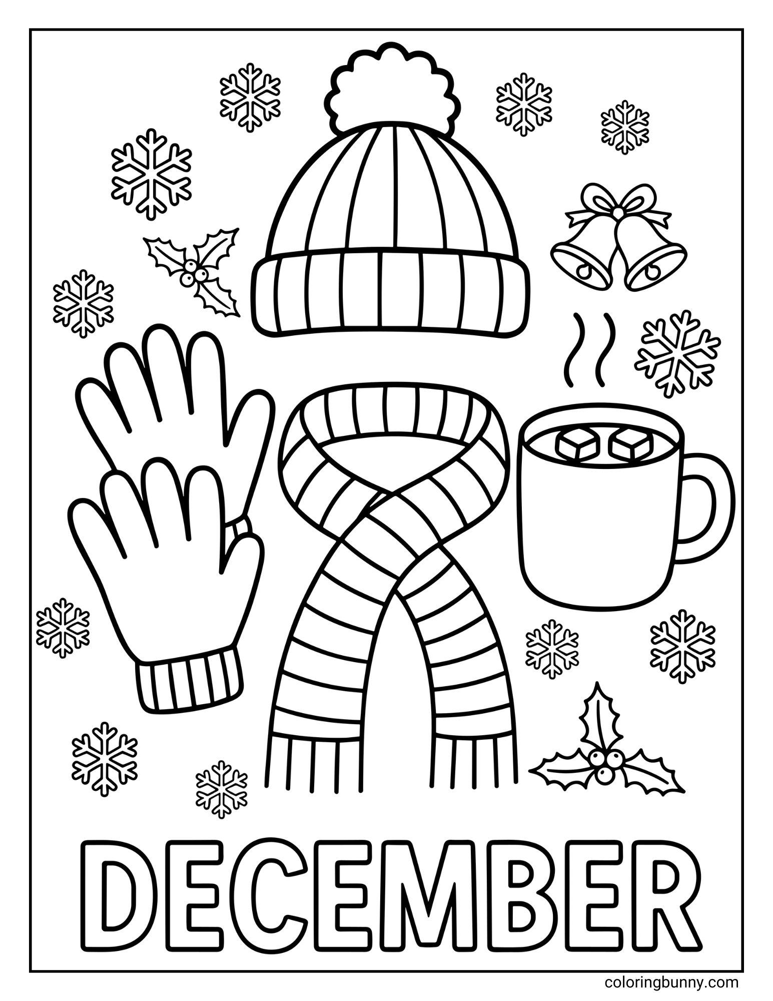 A black and white coloring page with the word "DECEMBER" at the bottom. The page is filled with winter items: a knit hat, scarf, gloves, and a mug of hot cocoa, surrounded by snowflakes, jingle bells, and holly.