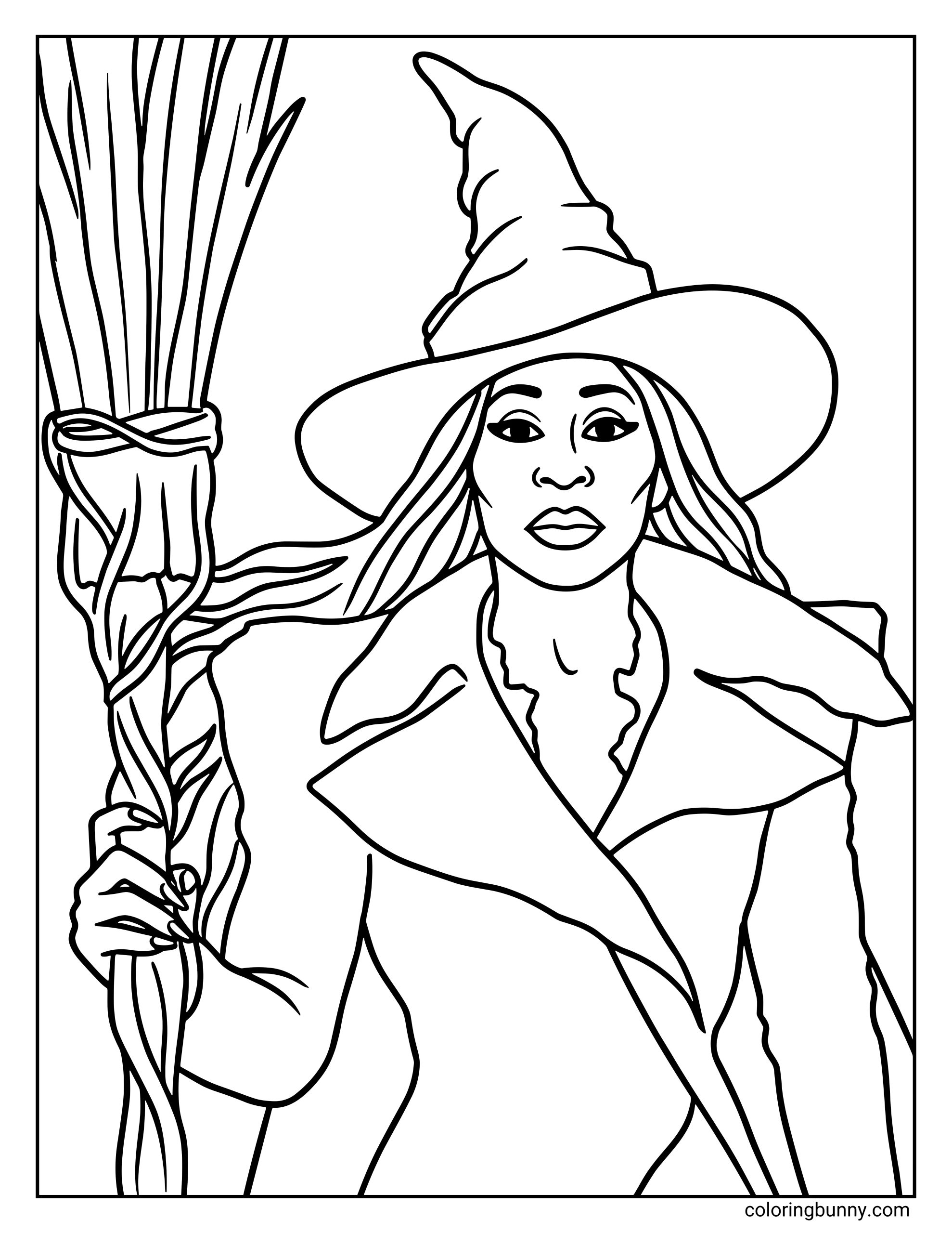 A Wicked For Good coloring page featuring Elphaba, a witch in a pointed hat holding a rustic, bundled broom. She wears a long coat with wide lapels, and her hair flows behind her as she looks forward with a determined expression.