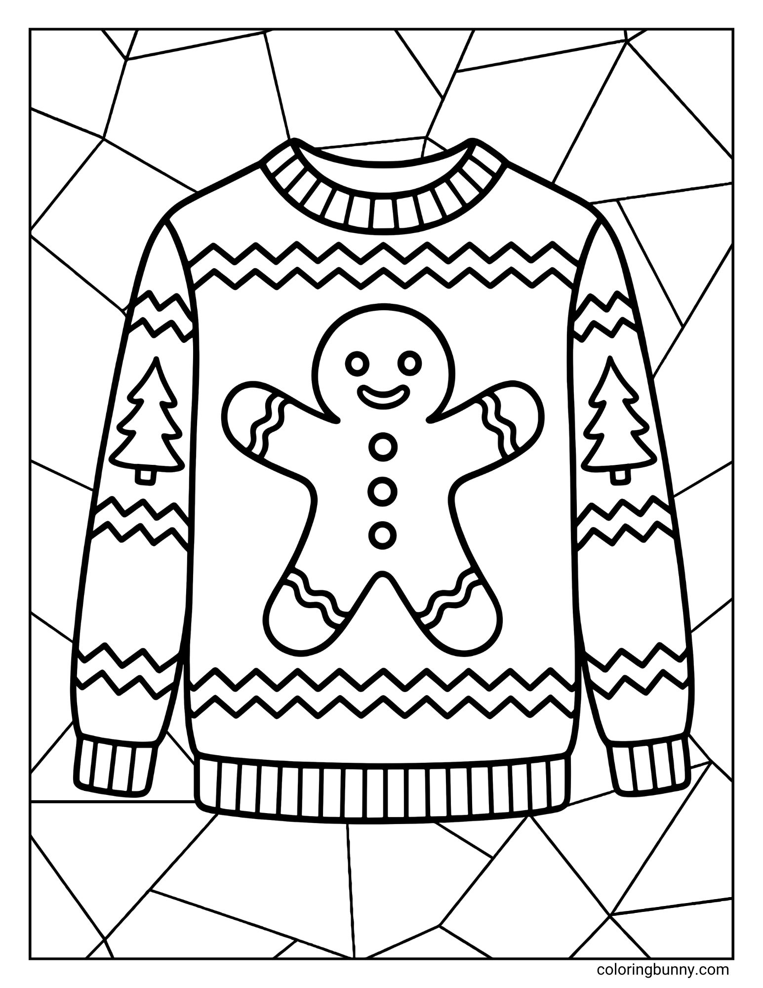 A gingerbread man coloring page coloring page featuring an ugly Christmas sweater with a large gingerbread man in the center. The sleeves have pine trees and zig-zag patterns, set against a geometric mosaic background.