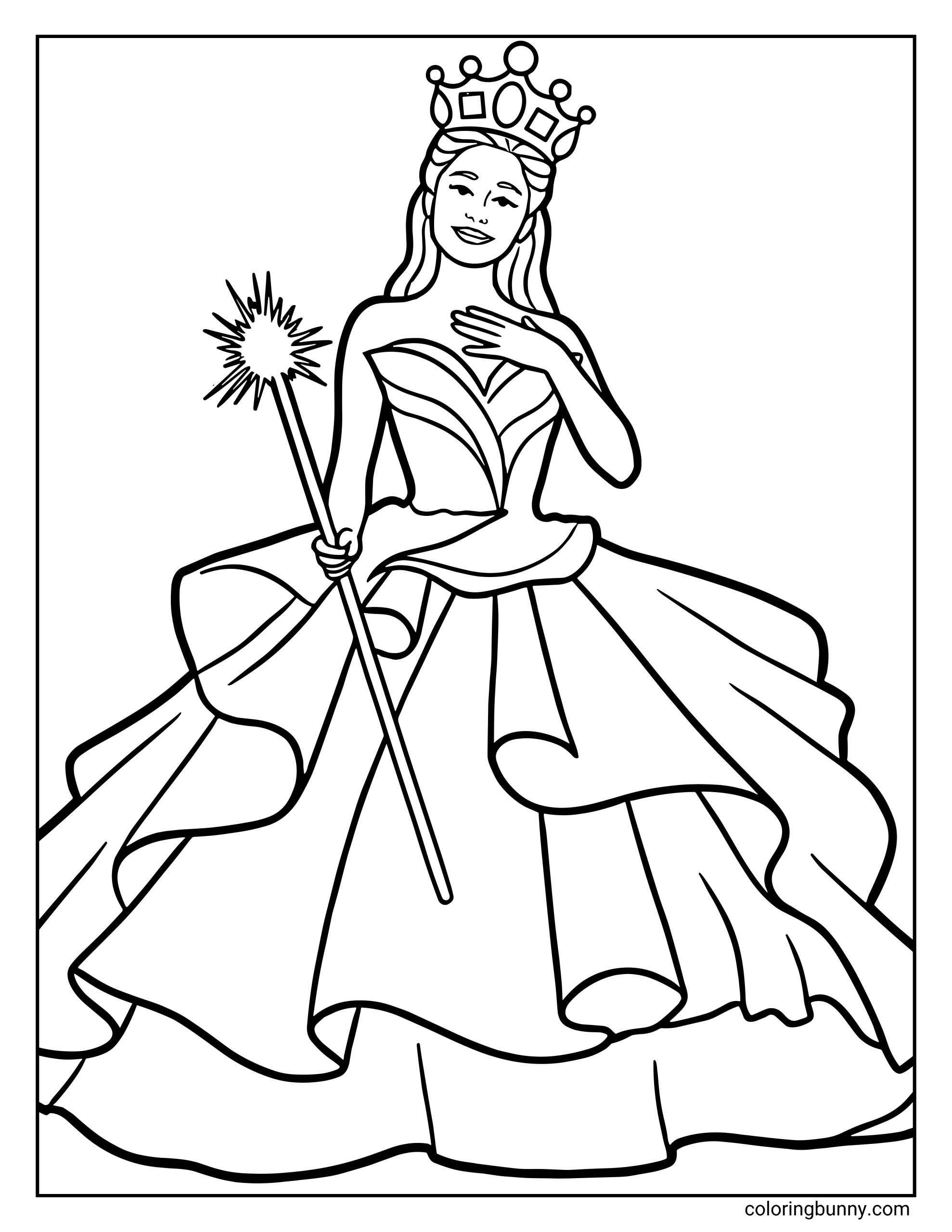 A Wicked For Good coloring page of a smiling Glinda, a good-witch holding a sparkling wand. She wears a tall crown, a flowing layered gown, and has one hand placed gently on her chest while she poses gracefully.