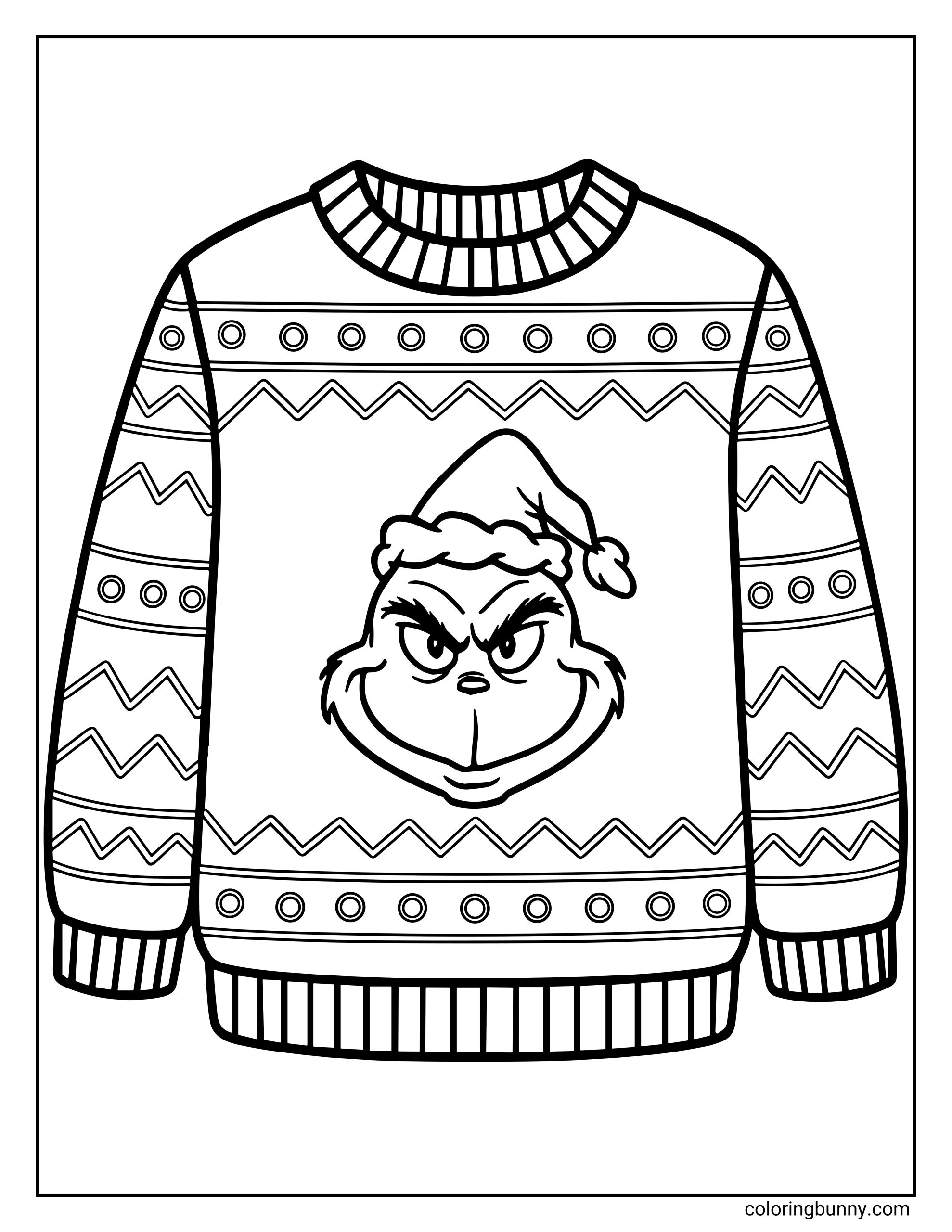 A Grinch coloring page featuring an ugly Christmas sweater with zigzag patterns, circles, and a grumpy Grinch face wearing a Santa hat in the center.