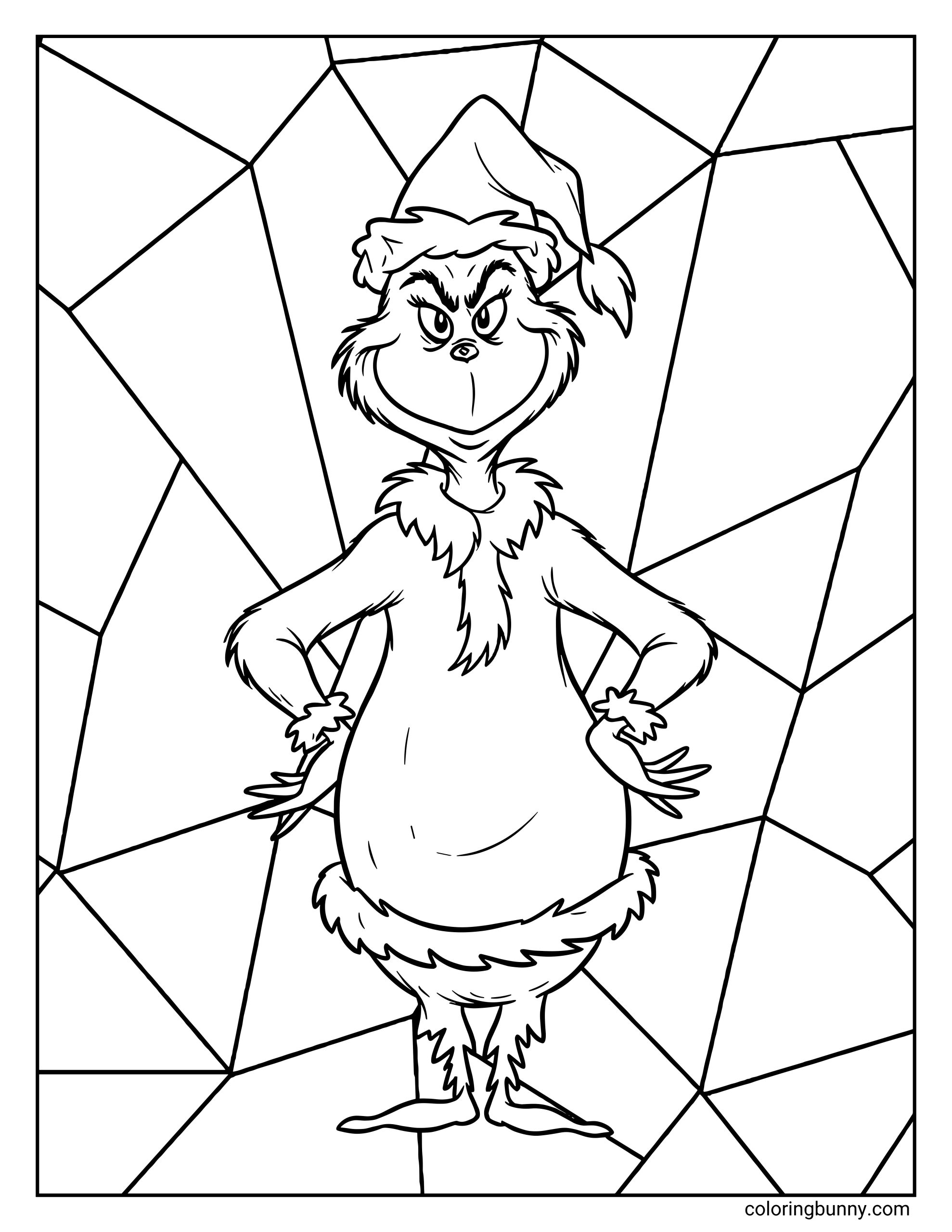 A Grinch coloring page showing the Grinch in a Santa hat standing with hands on hips in front of a geometric, stained-glass-style background.