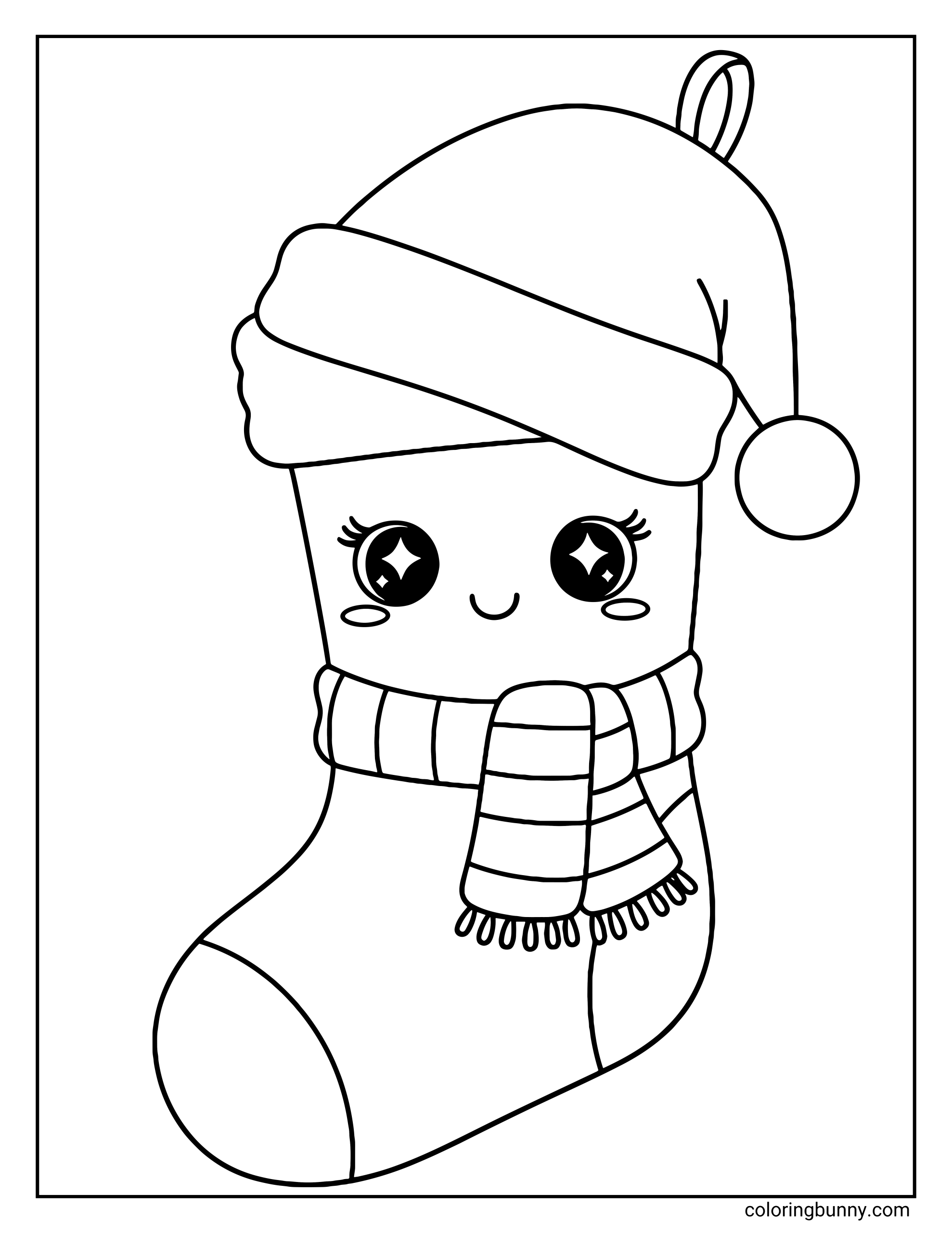 A printable coloring sheet featuring a kawaii-style Christmas stocking character. The stocking has large, shiny eyes and a smile, and is dressed in a Santa hat and a striped winter scarf.