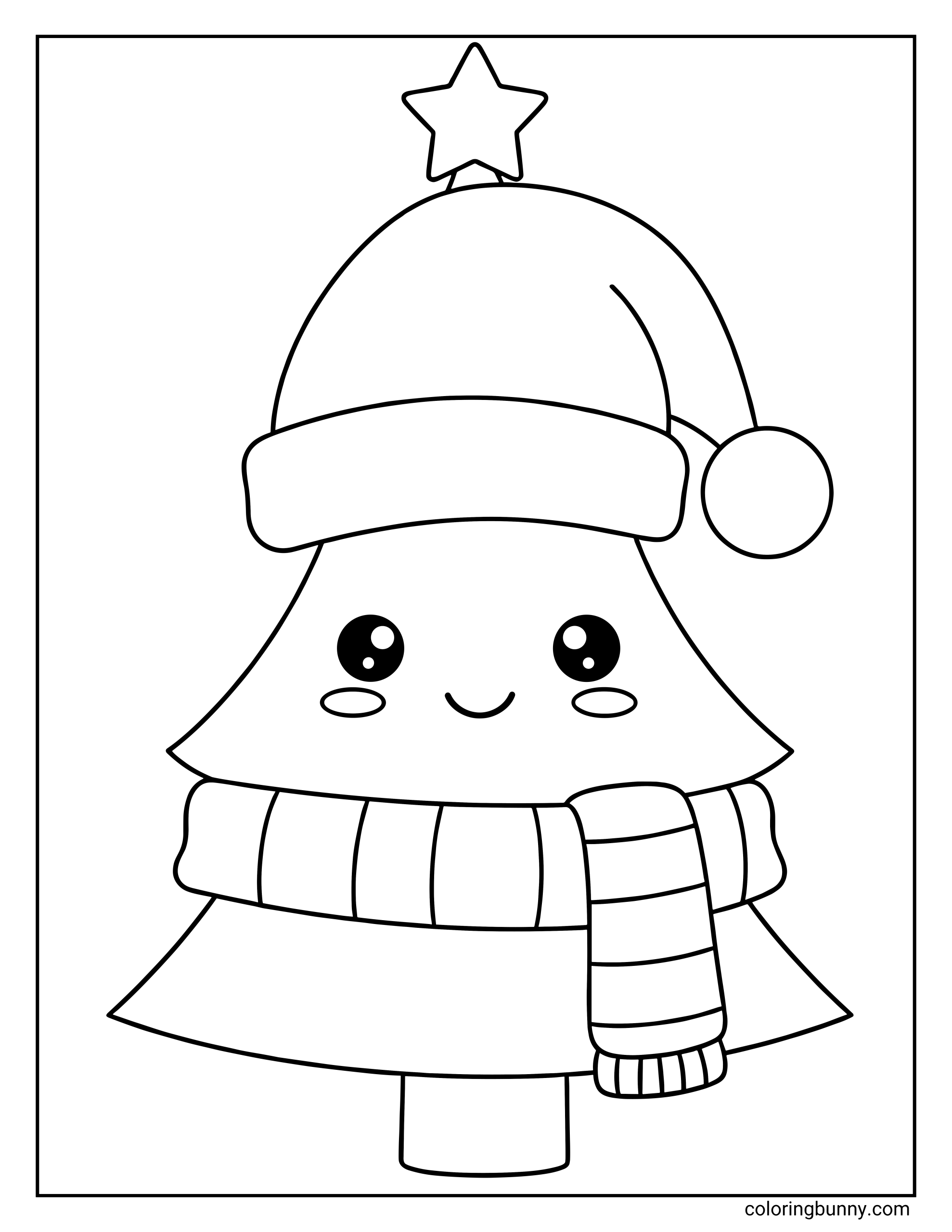 A coloring sheet featuring a kawaii-style Christmas tree character. The tree has a smiling face with large eyes and wears a Santa hat topped with a star, along with a striped winter scarf.