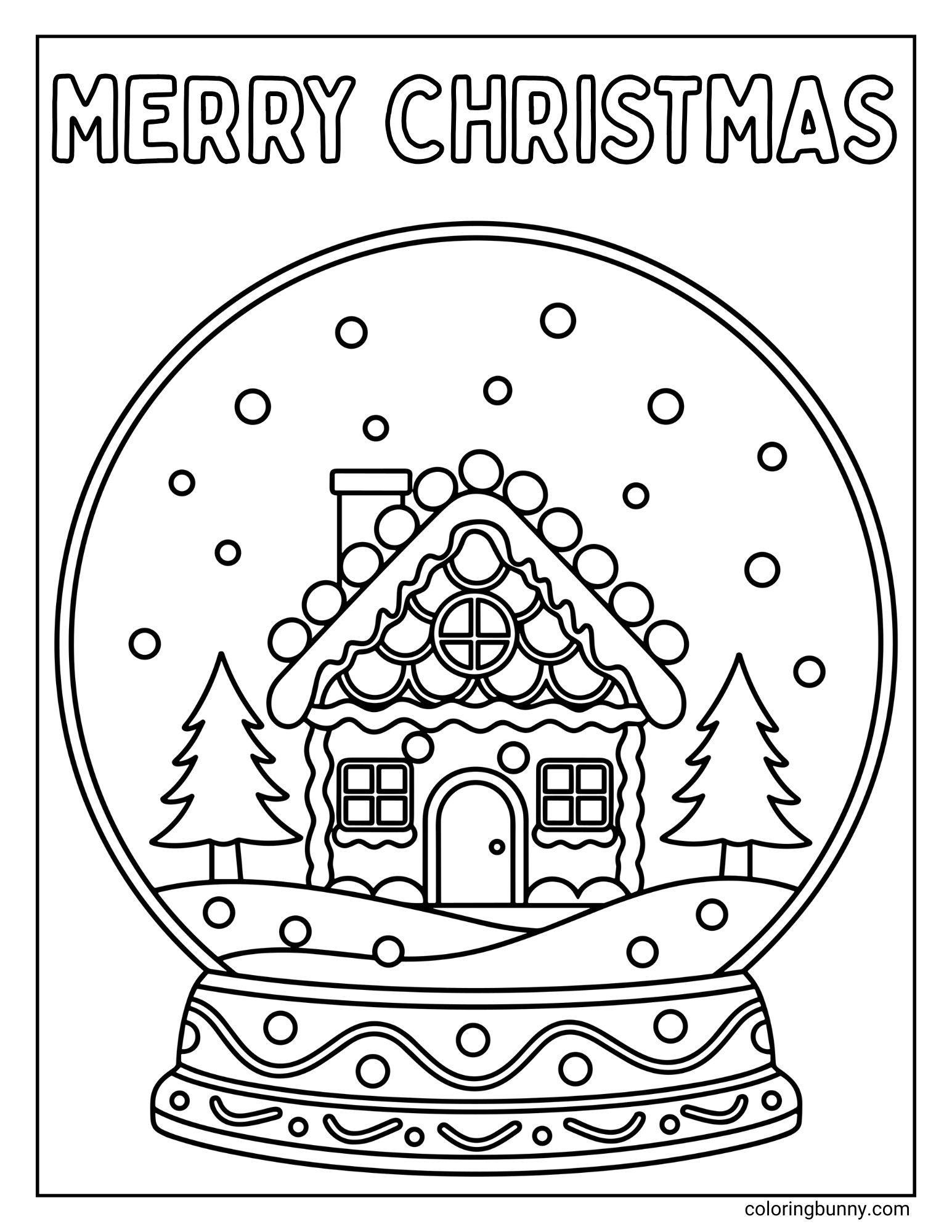 A coloring page featuring the text "MERRY CHRISTMAS" in bubble letters above a snow globe. The globe contains a gingerbread house with a gumdrop roof and two pine trees under falling snow.