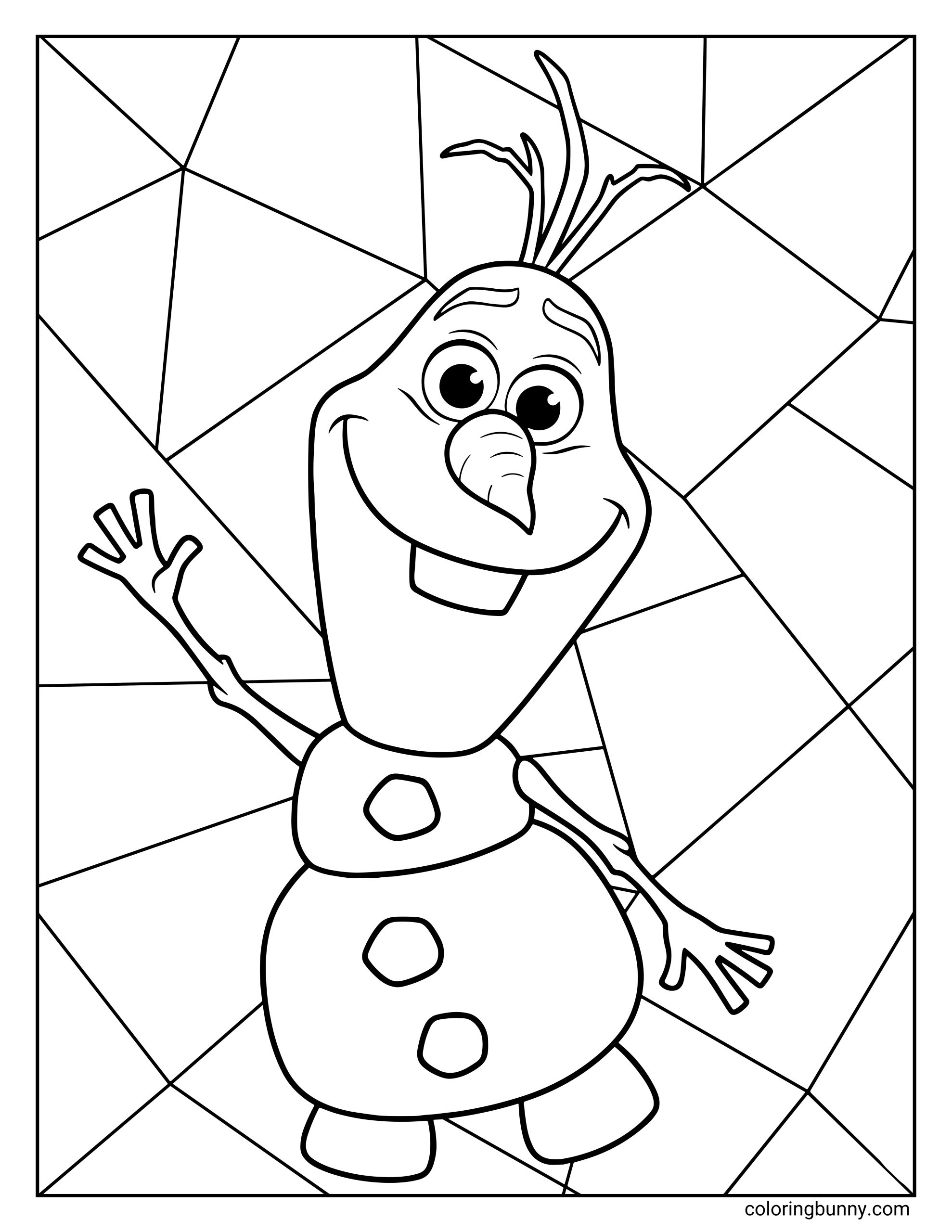 A Frozen coloring page of Olaf standing happily with his arms stretched out. He’s smiling brightly against a geometric background made of large, simple shapes that are easy to color in.