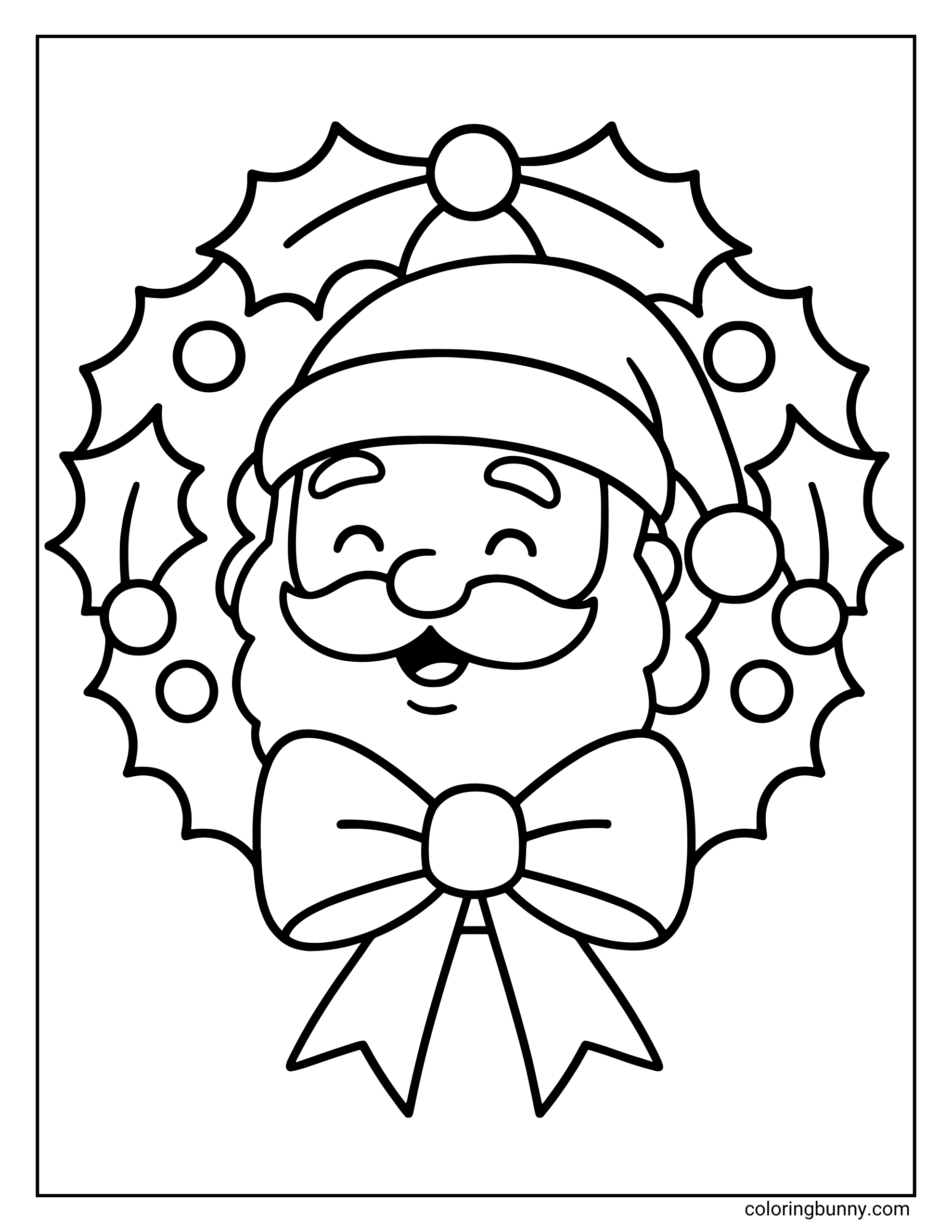 A festive coloring page featuring a happy Santa Claus face peering through the center of a leafy holly wreath. The decoration is topped with berries and finished with a large ribbon bow at the bottom.