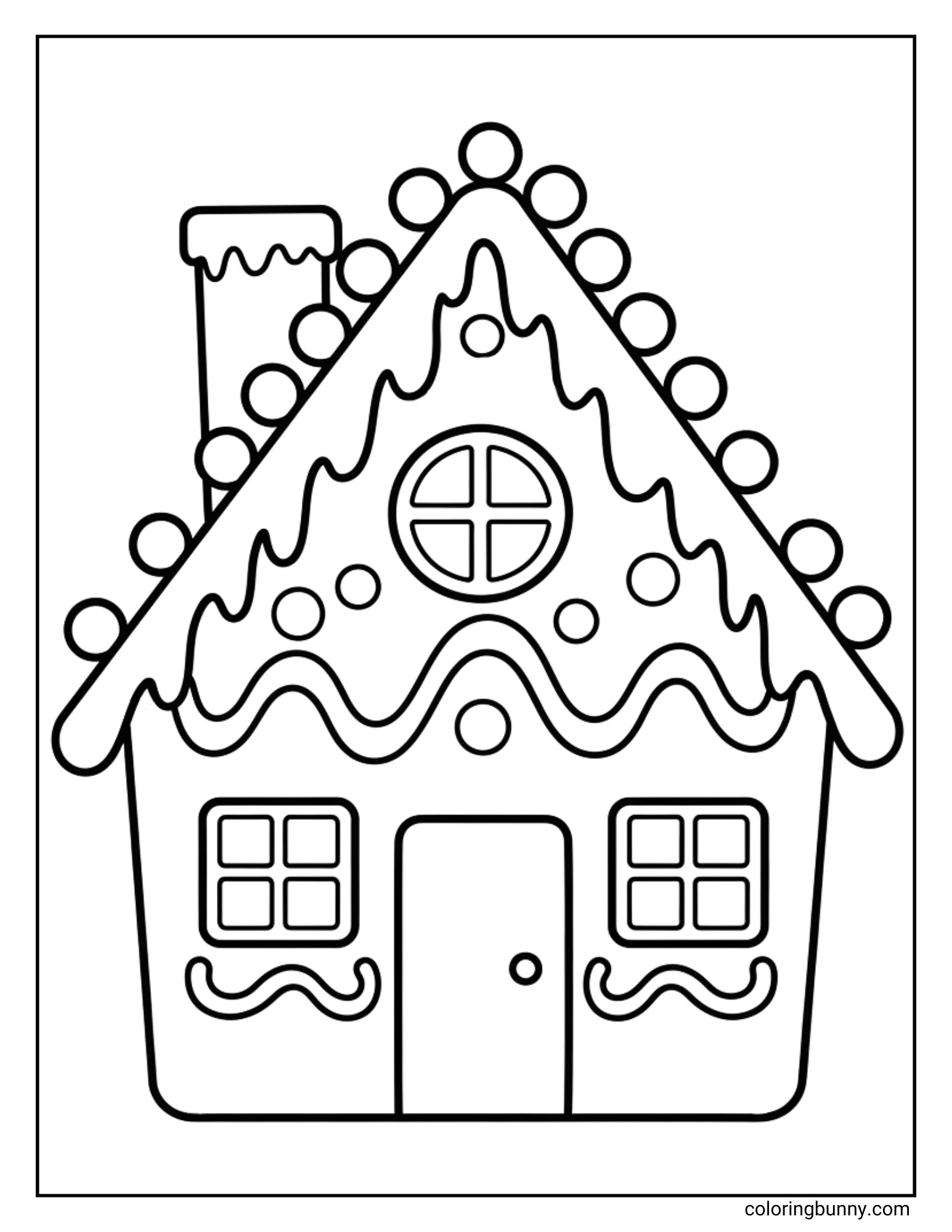 A black and white coloring page of a gingerbread house. The house is decorated with wavy icing, gumdrops along the roofline, a round window, and a chimney.