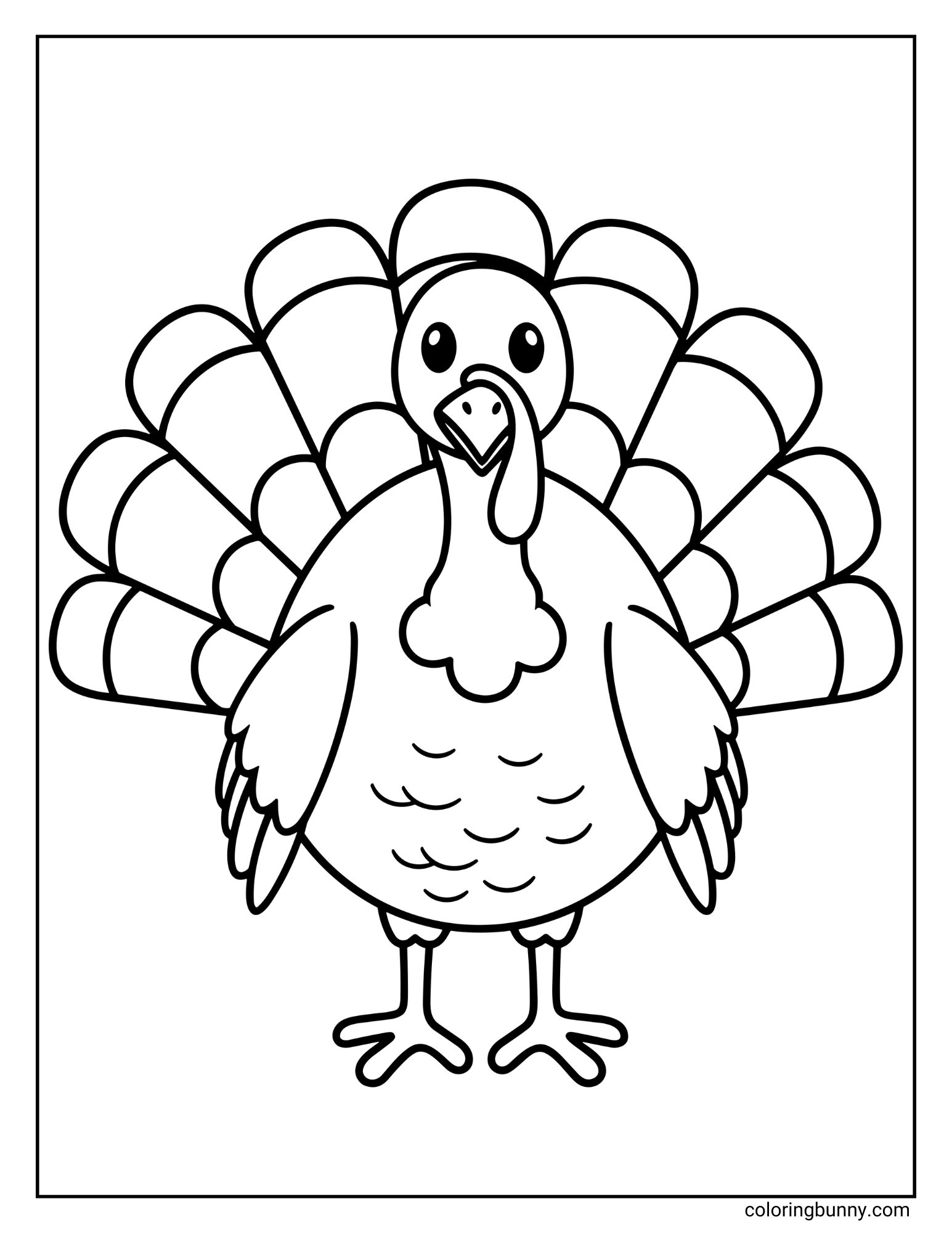 A turkey coloring page featuring a simple, cute turkey standing and facing forward. The turkey has a large, fanned tail, and the background is blank.