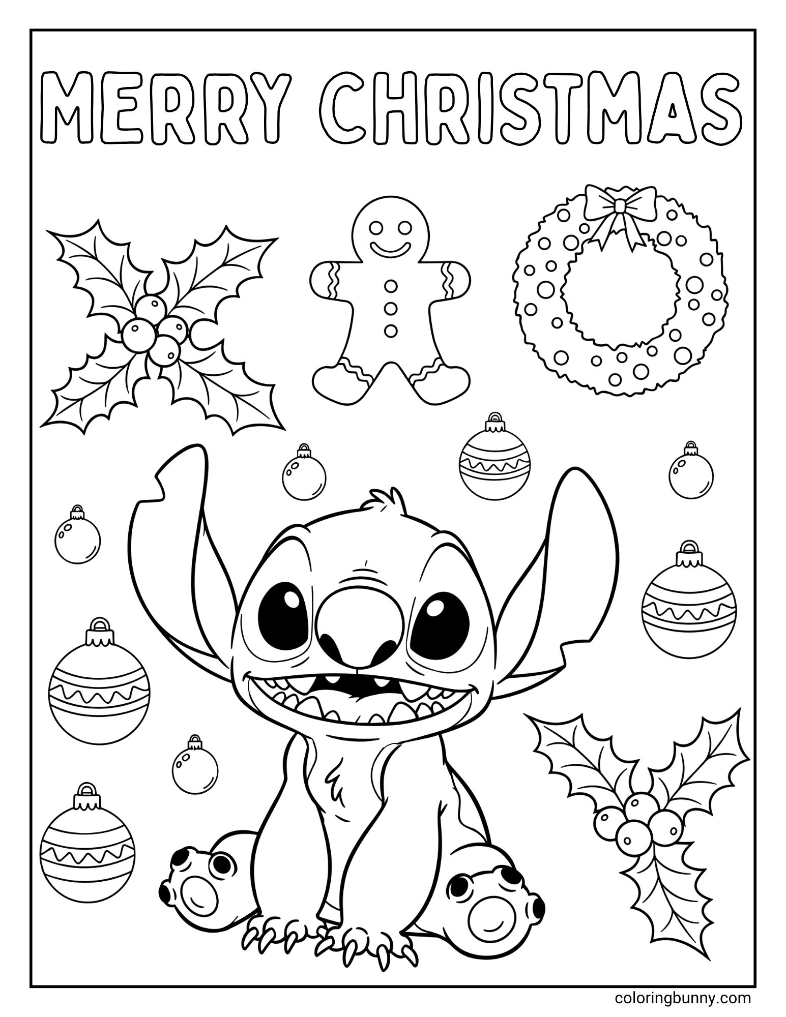 A black and white "MERRY CHRISTMAS" coloring page. The character Stitch is sitting with a big smile, surrounded by festive items including a wreath, a gingerbread man, holly, and ornaments.