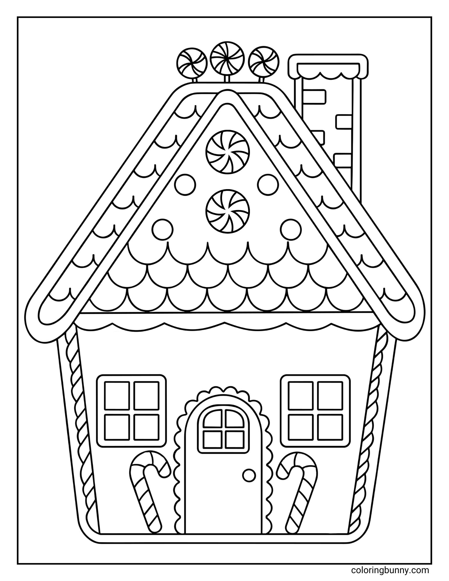 A printable coloring sheet depicting a simple gingerbread house with a scalloped roof topped with three round lollipops. Two candy canes frame the arched front door below.